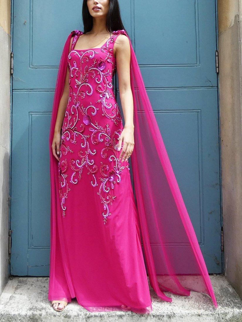 Raishma Halina Swirl Beaded Sheer Cape Sleeve Maxi Gown, Fuchsia
