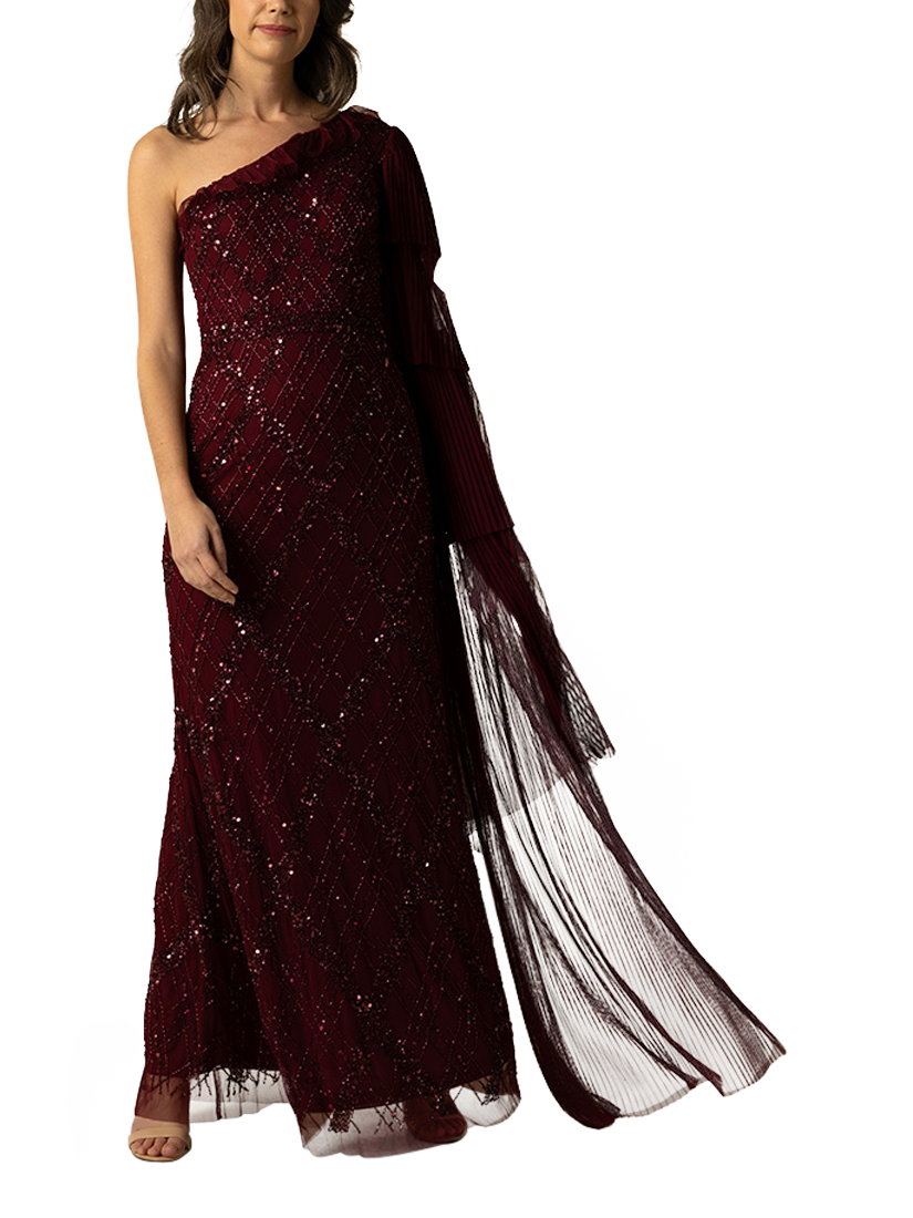 Product image 1 of 3, which shows Raishma Leilani Sequin One Shoulder Maxi Dress, Burgundy, 16