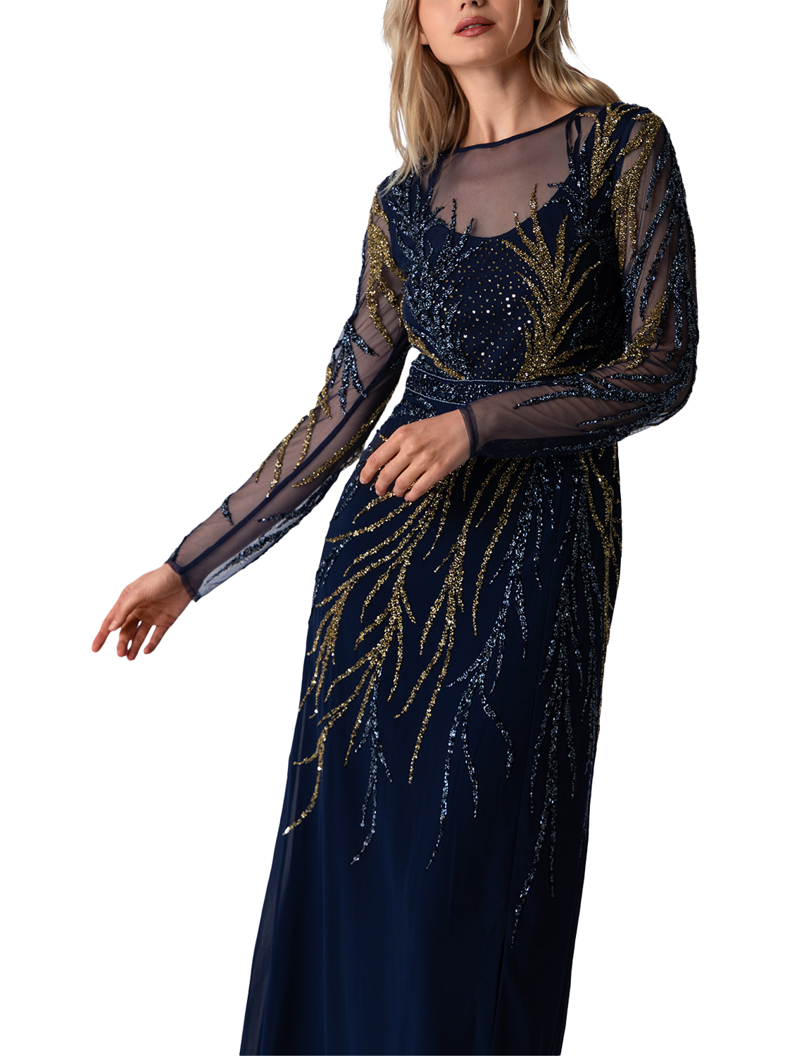 Product image 2 of 3, which shows Raishma Paige Sequin Embellished Maxi Dress, Navy/Gold, 14