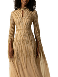 Raishma Shantel Sequin Geometric Sheer Floor Length Sleeve Maxi Gown, Beige