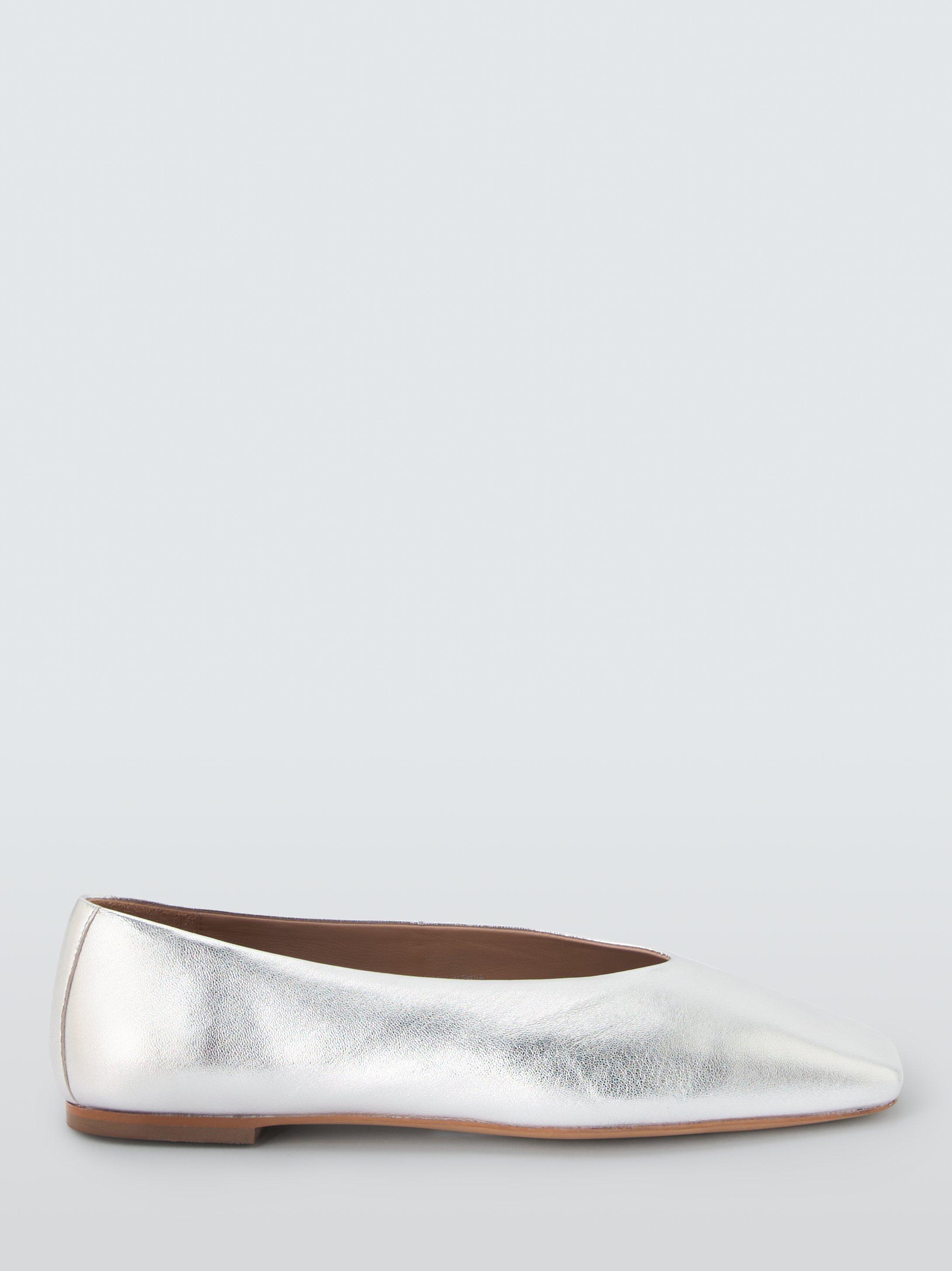 Product image 1 of 6, which shows John Lewis Antigua Leather Square Toe Ballerina Pumps, Silver, 5