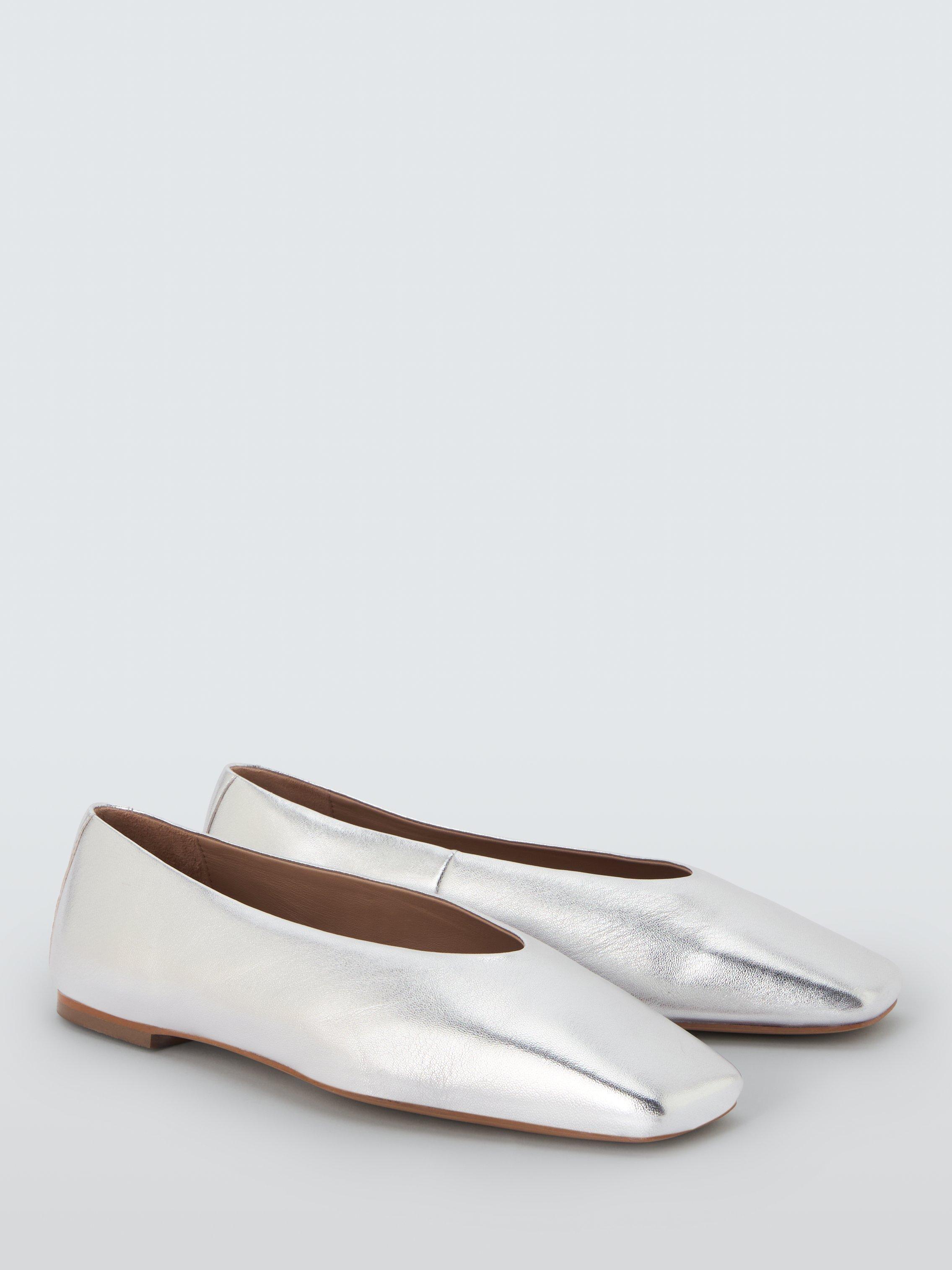 Product image 3 of 6, which shows John Lewis Antigua Leather Square Toe Ballerina Pumps, Silver, 5