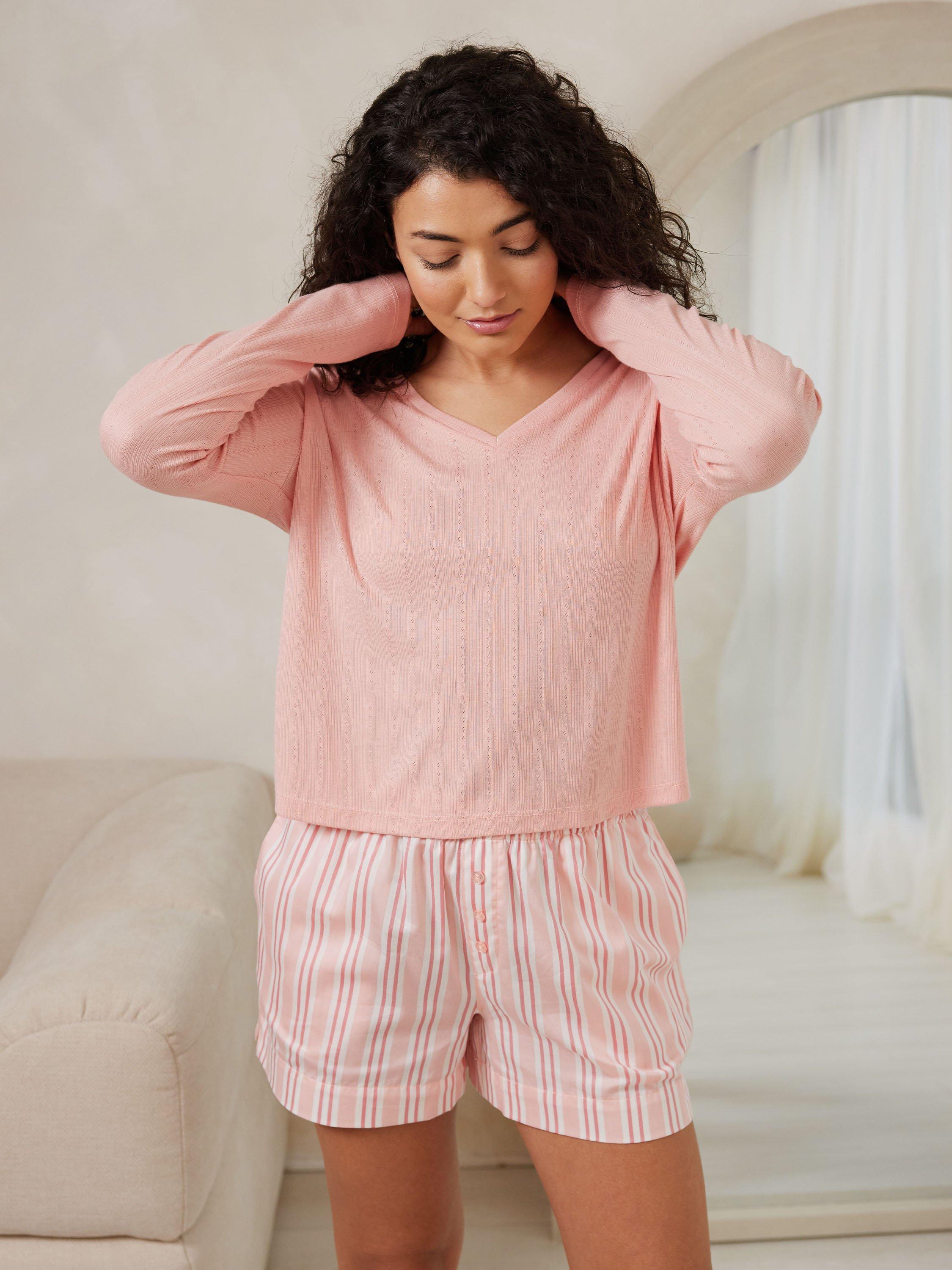Product image 2 of 5, which shows Chelsea Peers Brushed Stripe Shorts Pyjama Set, Pink, 8