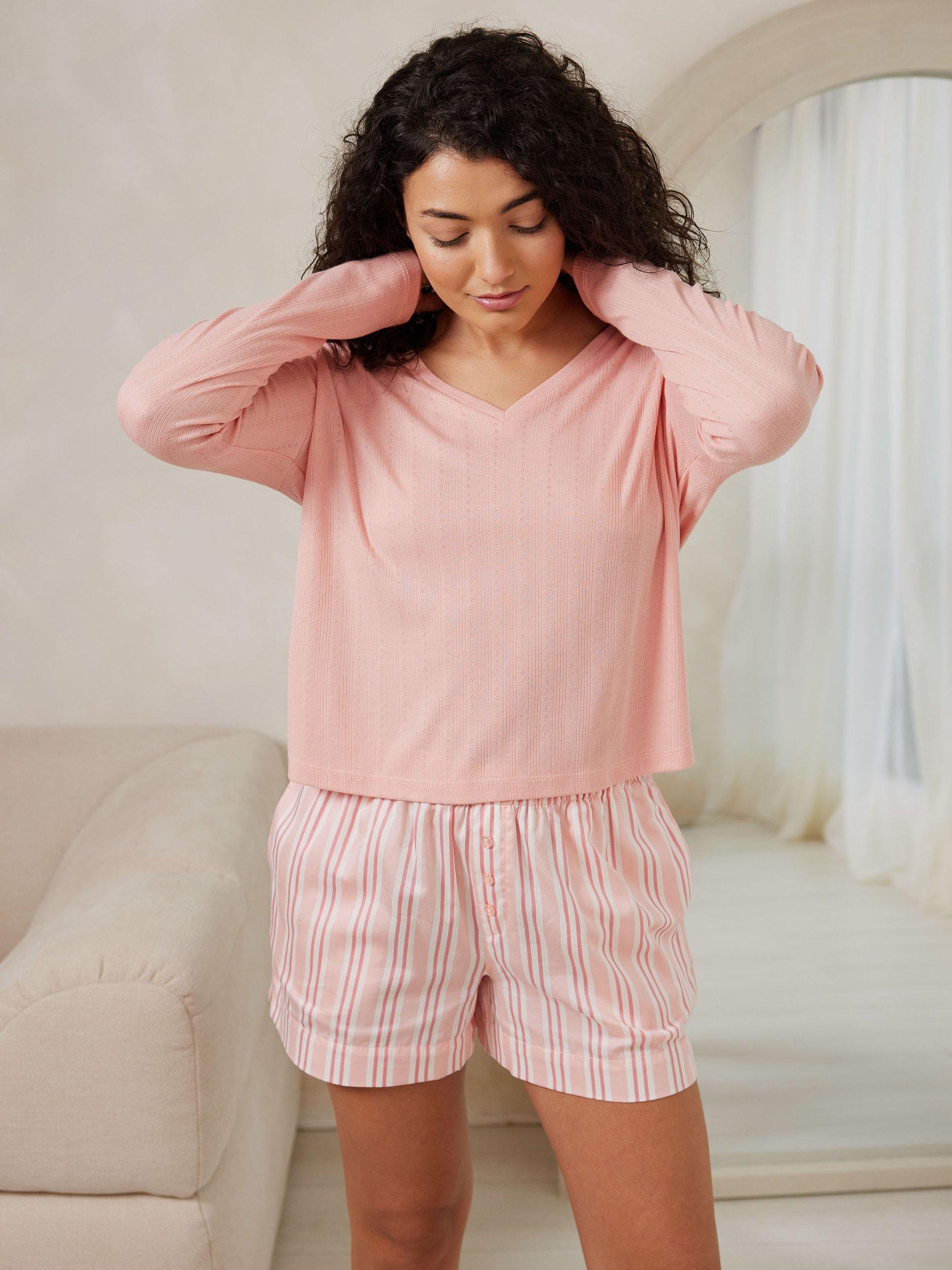 Product image 5 of 5, which shows Chelsea Peers Brushed Stripe Shorts Pyjama Set, Pink, 8