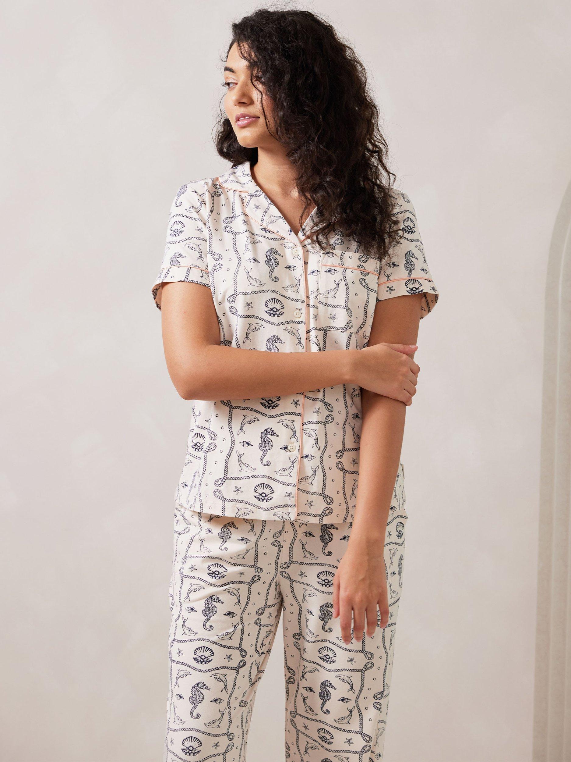 Product image 2 of 6, which shows Chelsea Peers Seahorse Organic Cotton Rich Pyjama Set, Off White, 8