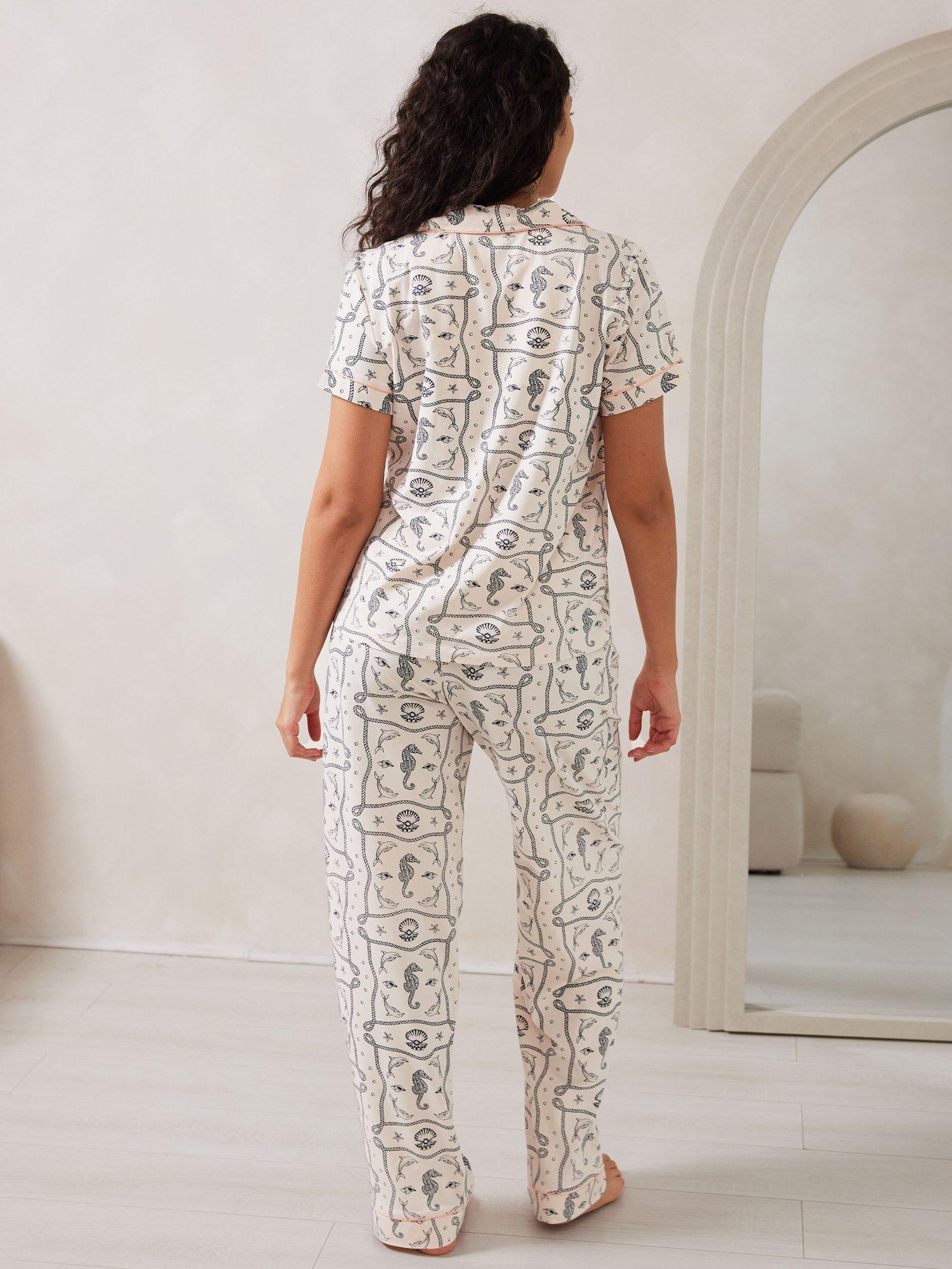 Product image 4 of 6, which shows Chelsea Peers Seahorse Organic Cotton Rich Pyjama Set, Off White, 8