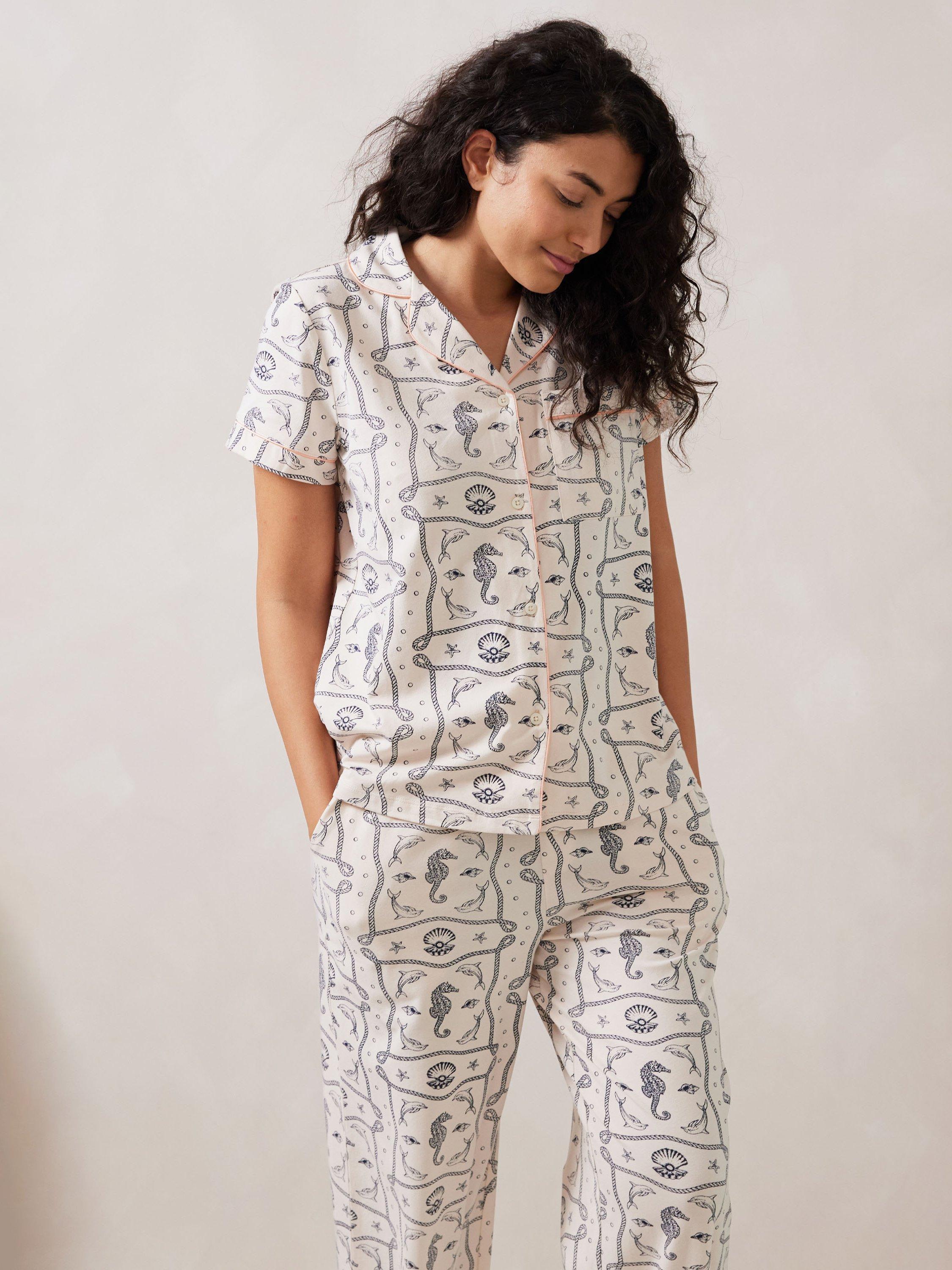 Product image 5 of 6, which shows Chelsea Peers Seahorse Organic Cotton Rich Pyjama Set, Off White, 8