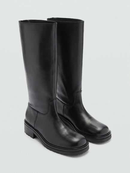 Mango Leather Calf Boots, Black - view 2, Black
