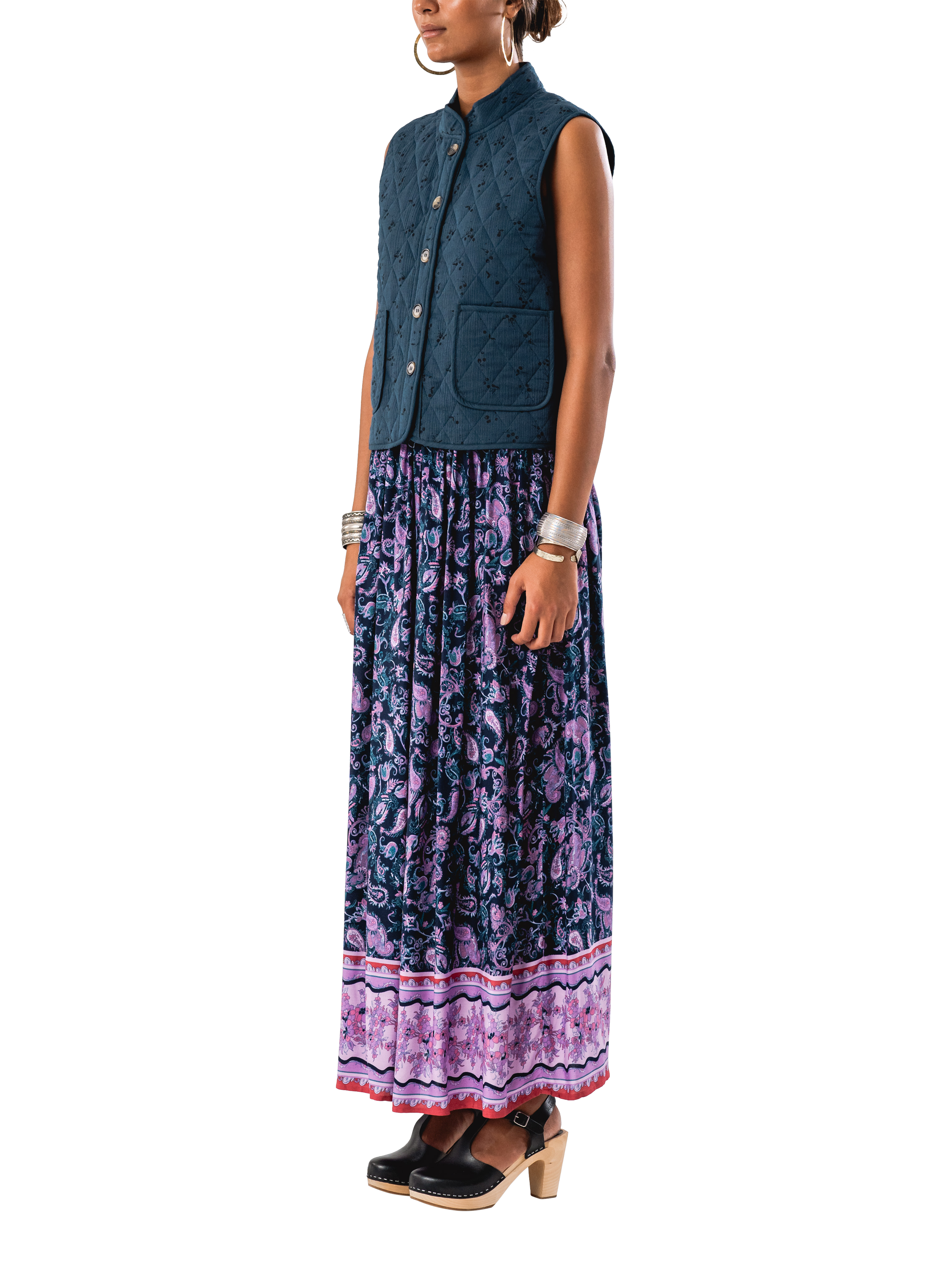 Lollys Laundry Cairo Floral Quilted Gilet, Dark Blue