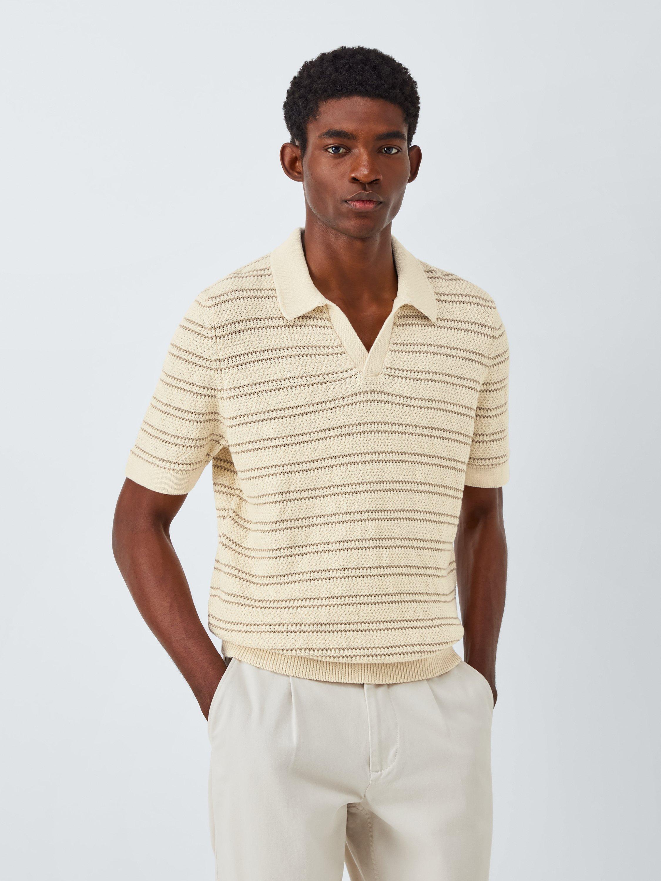Product image 1 of 6, which shows John Lewis Short Sleeve Stripe Knit Revere Polo Shirt, Egret, S