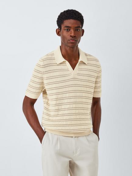John Lewis Short Sleeve Stripe Knit Revere Polo Shirt, Egret, Egret / Taupe