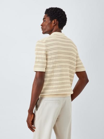 John Lewis Short Sleeve Stripe Knit Revere Polo Shirt, Egret - view 2, Egret / Taupe