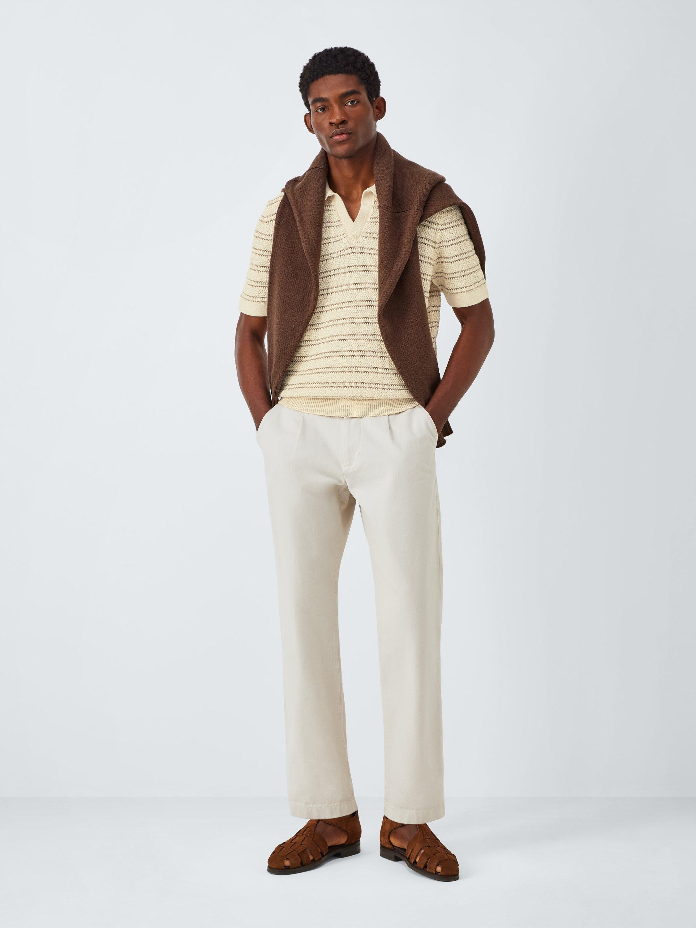 Product image 3 of 6, which shows John Lewis Short Sleeve Stripe Knit Revere Polo Shirt, Egret, S