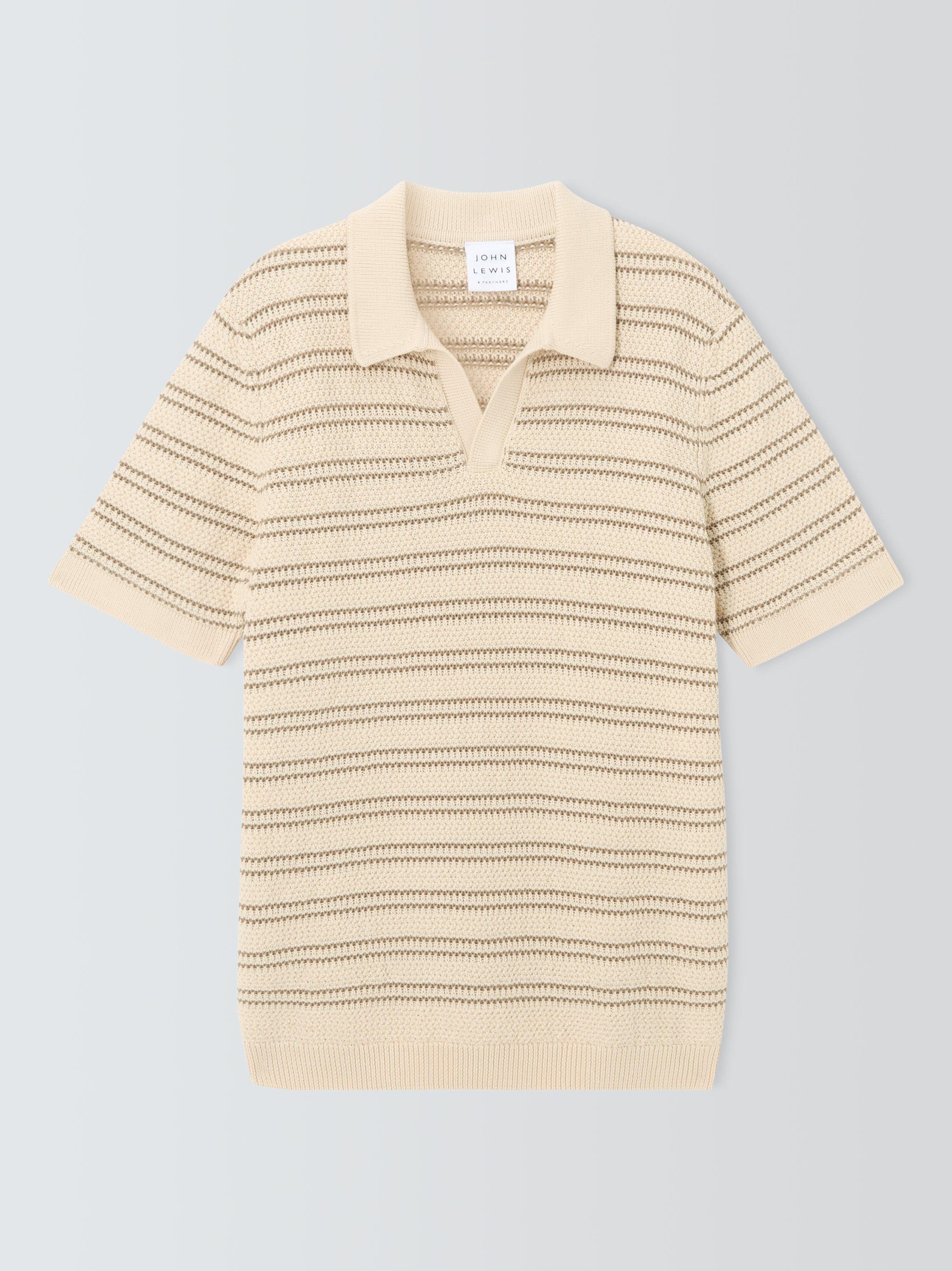 Product image 4 of 6, which shows John Lewis Short Sleeve Stripe Knit Revere Polo Shirt, Egret, S
