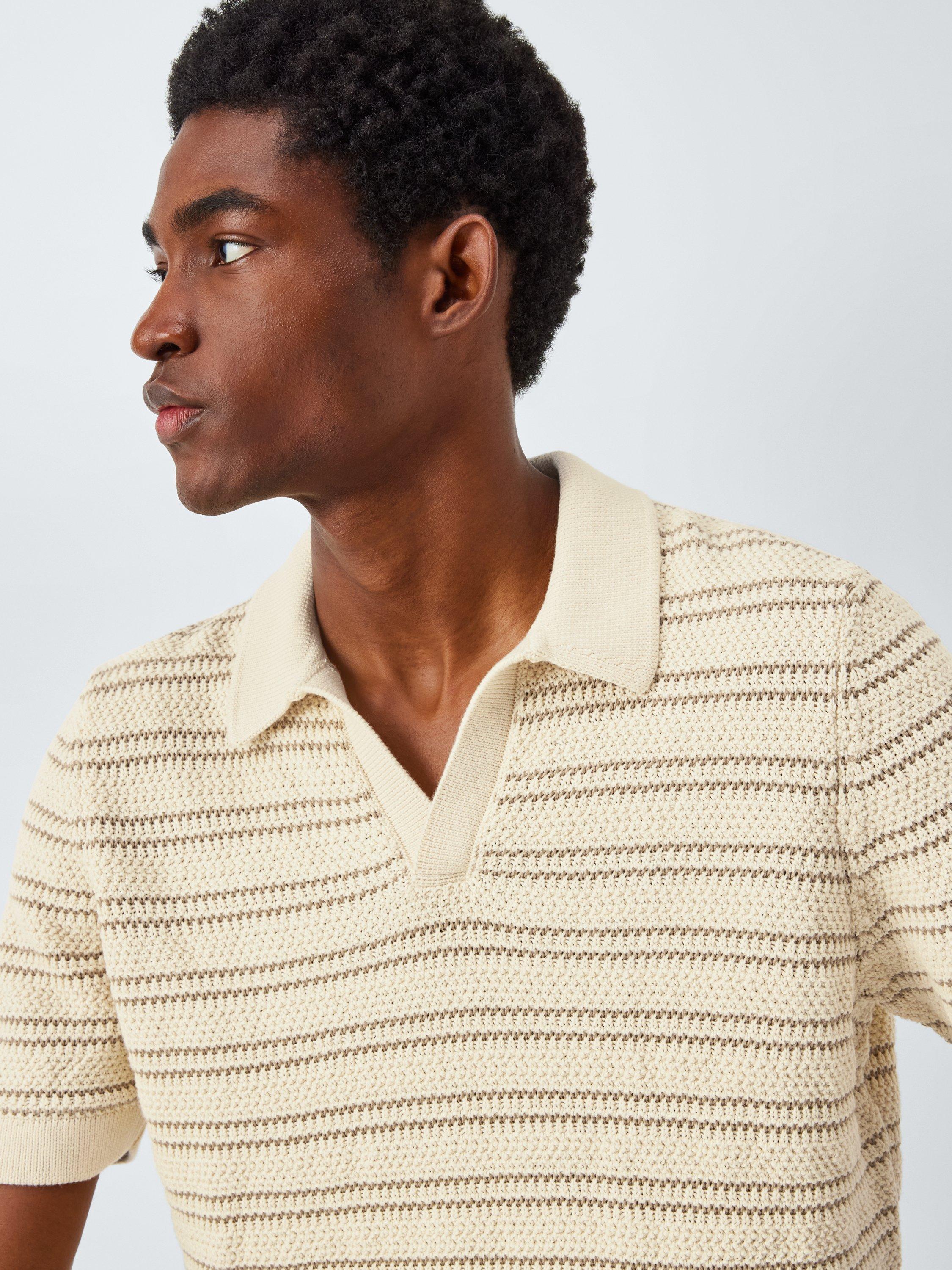Product image 5 of 6, which shows John Lewis Short Sleeve Stripe Knit Revere Polo Shirt, Egret, S