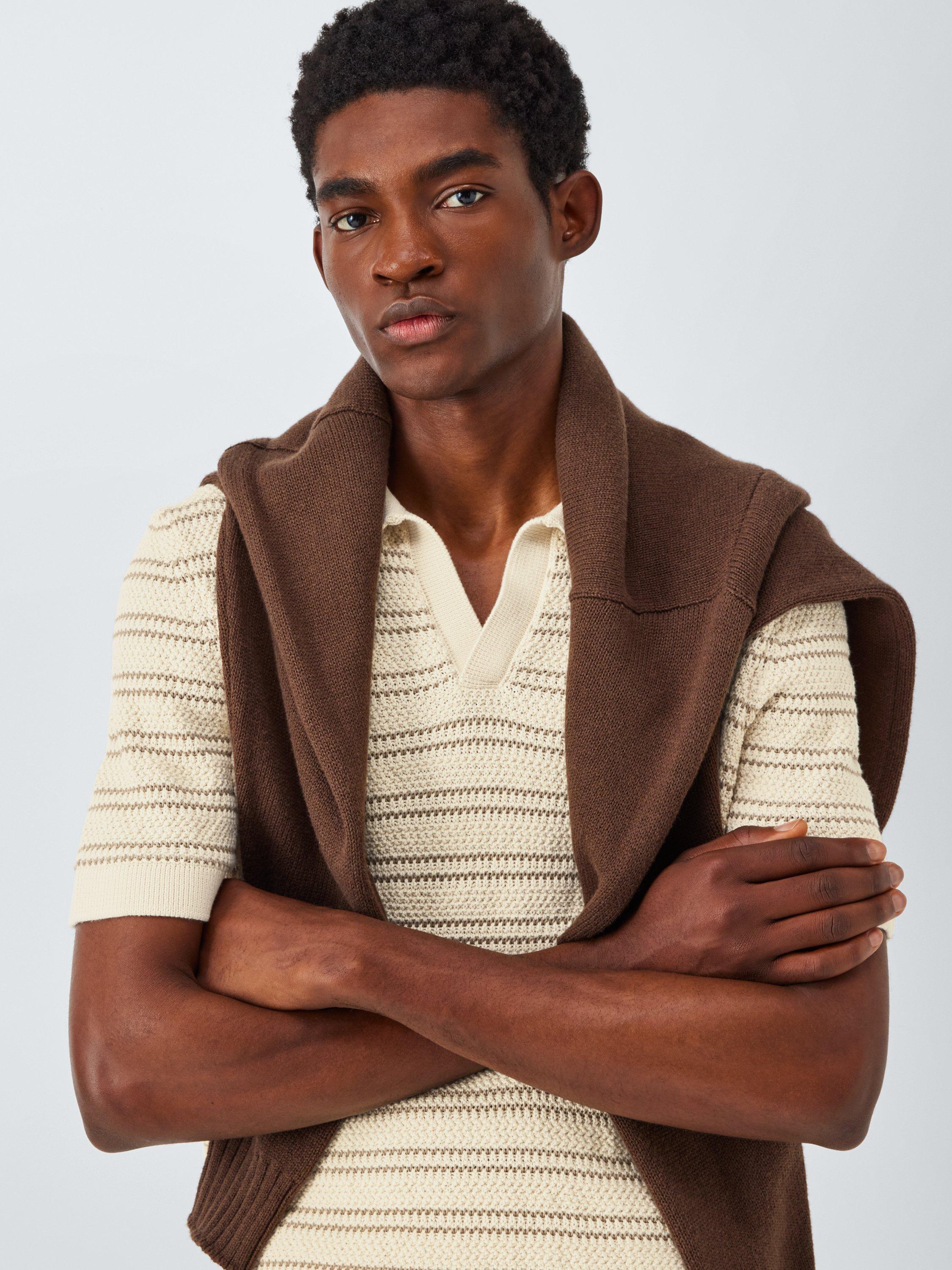 Product image 6 of 6, which shows John Lewis Short Sleeve Stripe Knit Revere Polo Shirt, Egret, S