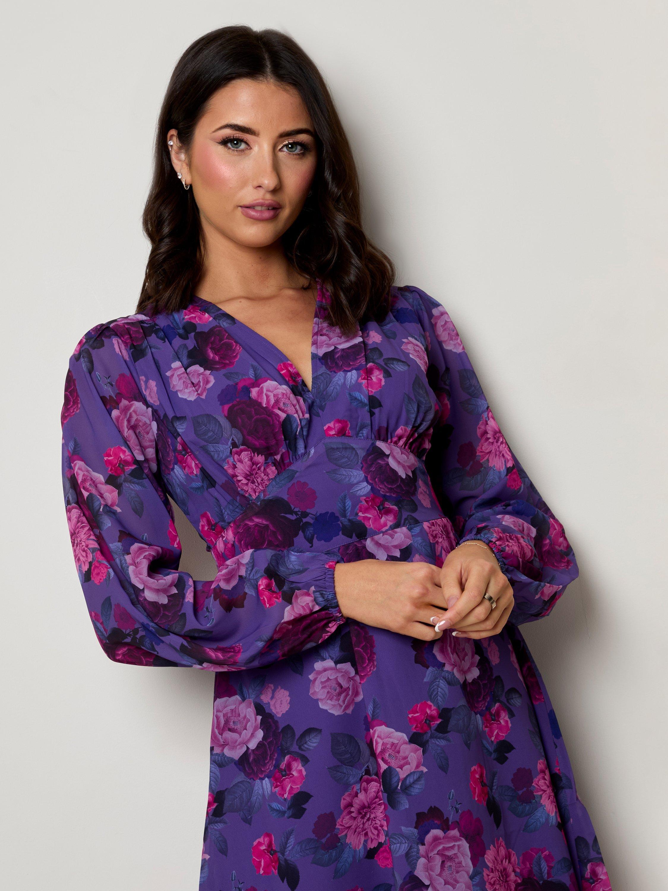 Product image 2 of 3, which shows Chi Chi London Plus Size Long Sleeve Floral Mini Dress, Purple, 18