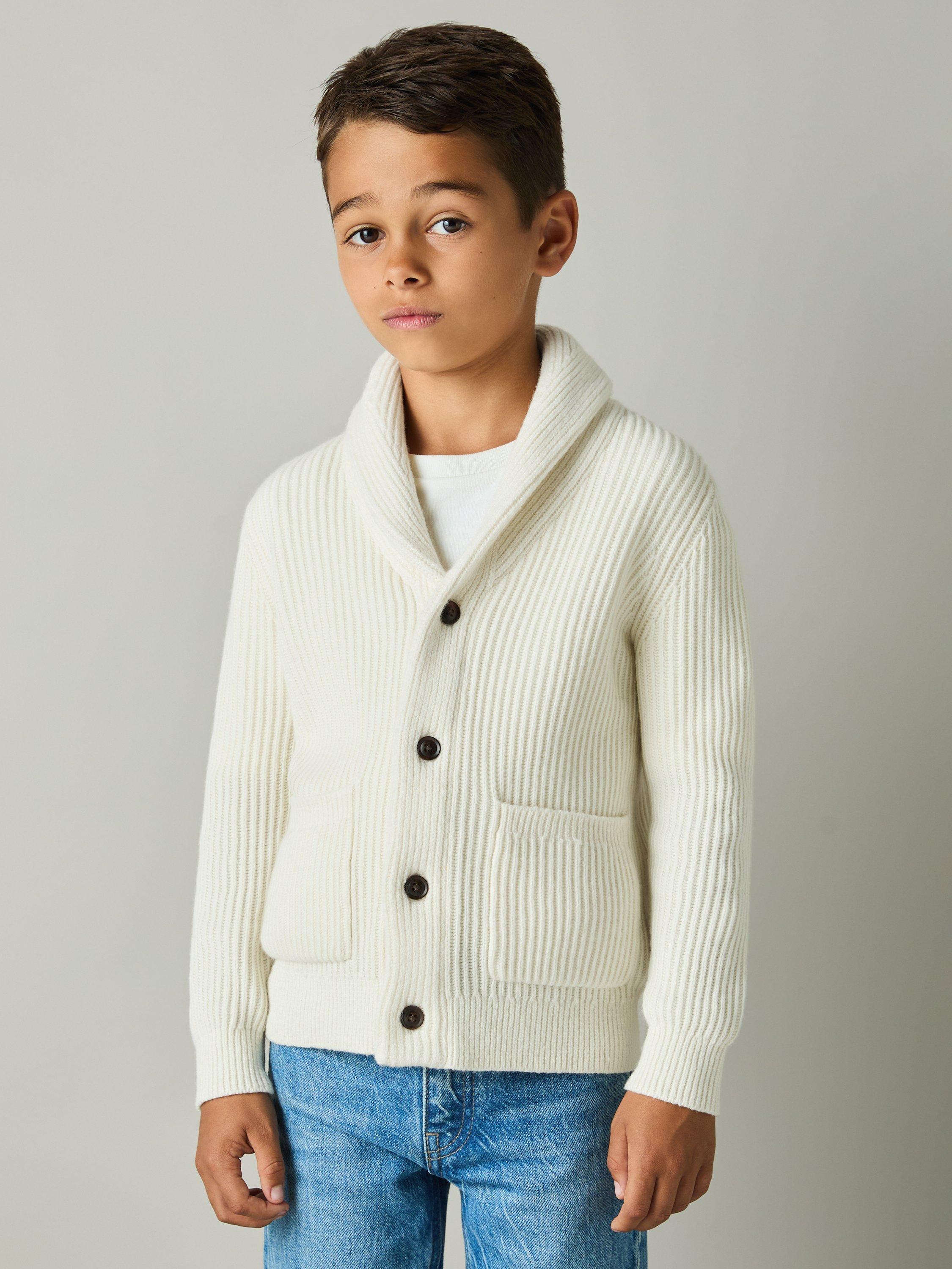 Reiss Kids' Nimbus Wool Blend Ribbed Cardigan, Off White