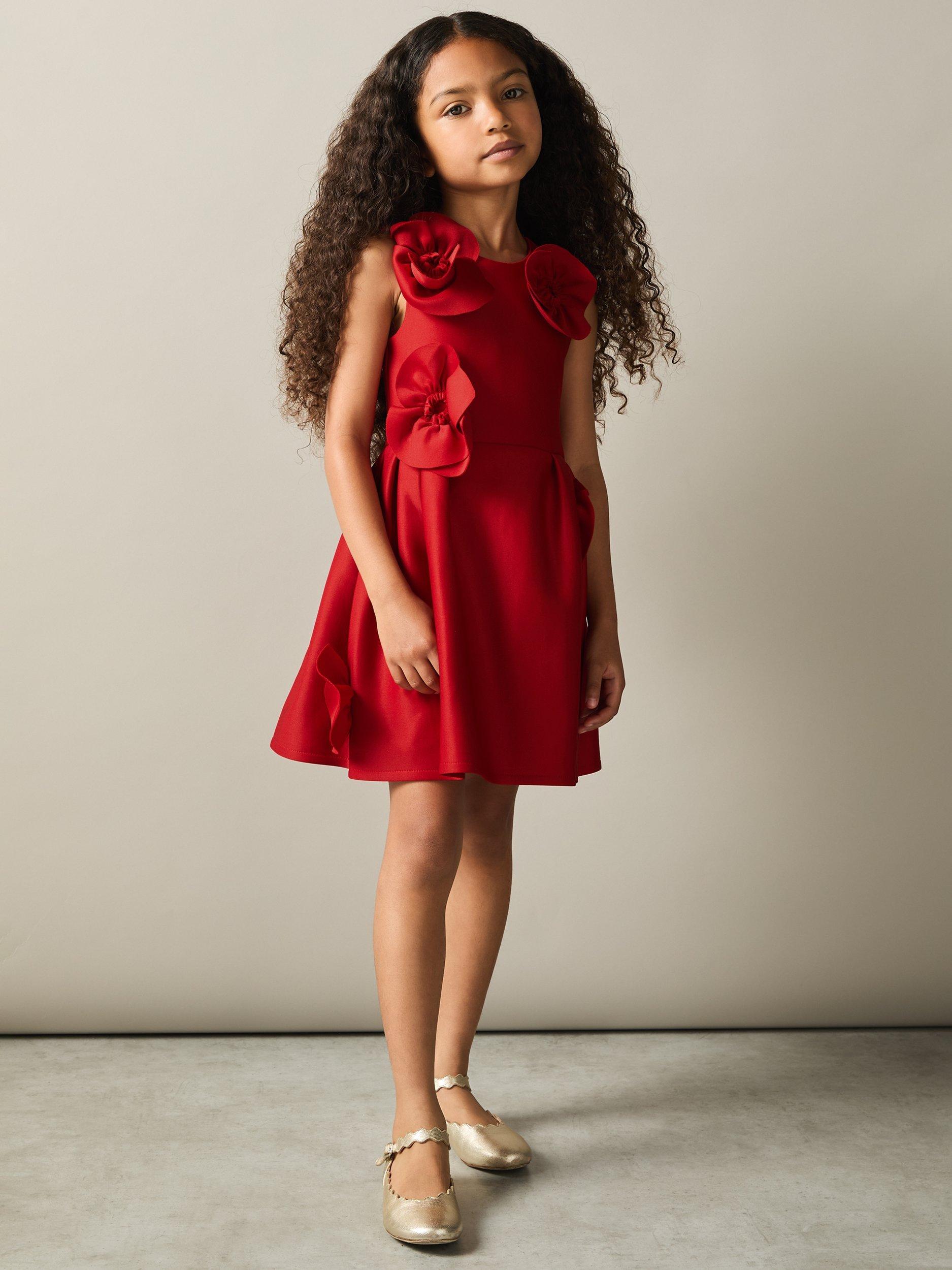Reiss Kids' Polliana 3D Floral Flared Dress, Red