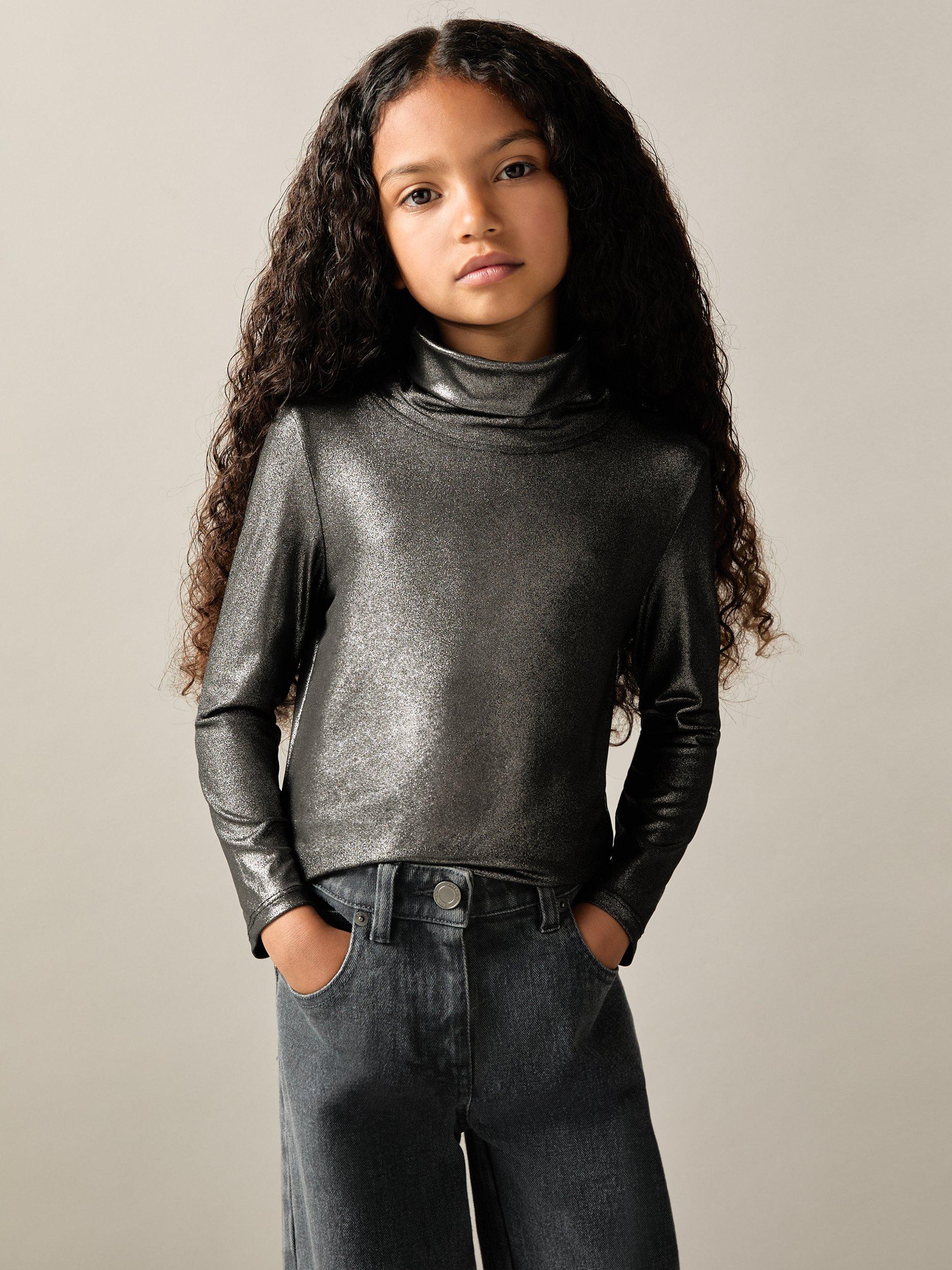 Reiss Kids' Casey Metallic Jersey Top, Silver