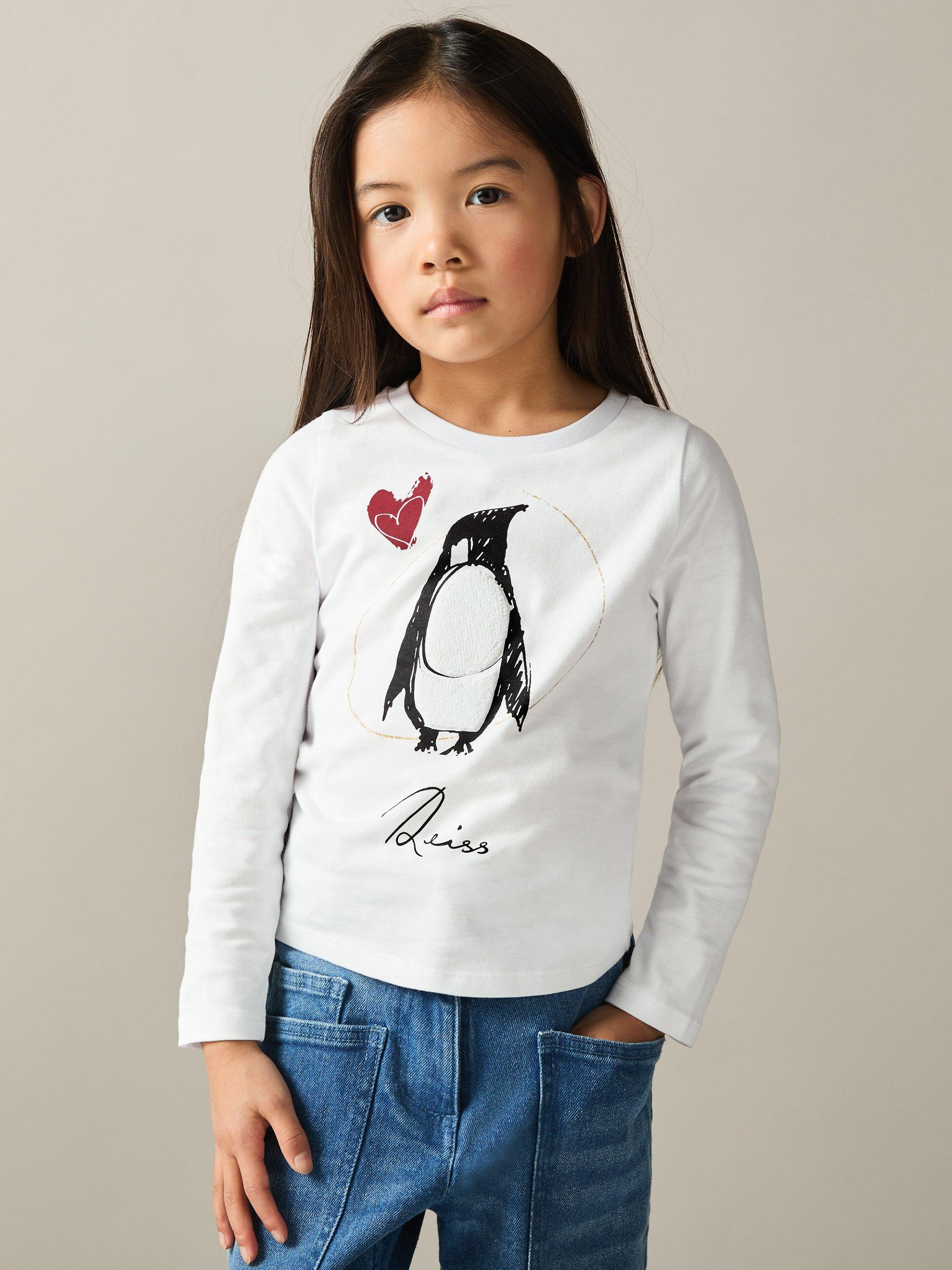 Reiss Kids' Marli Penguin Long Sleeve T-Shirt, Ivory/Multi