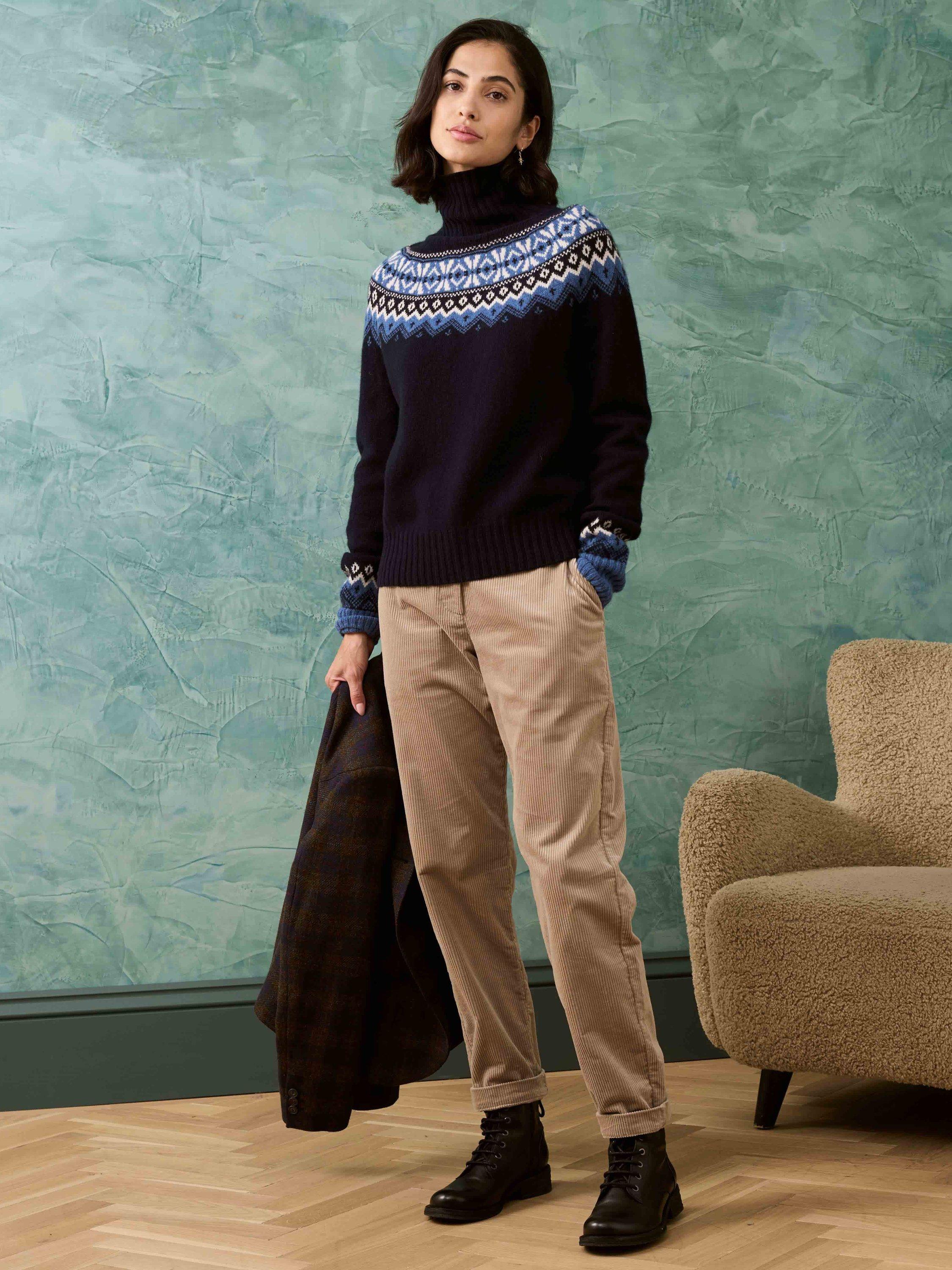 Brora Lambswool Fair Isle Roll Neck Jumper, Navy