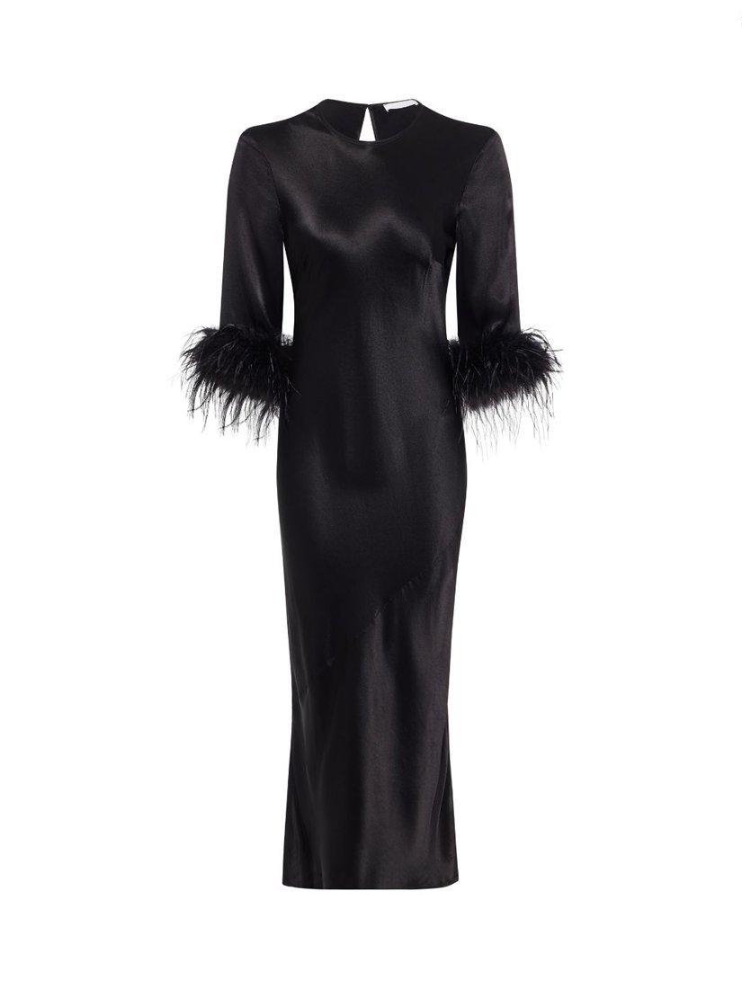 Product image 8 of 8, which shows Rewritten Dolly Feather Sleeve Satin Bias Cut Midi Dress, Black, 8