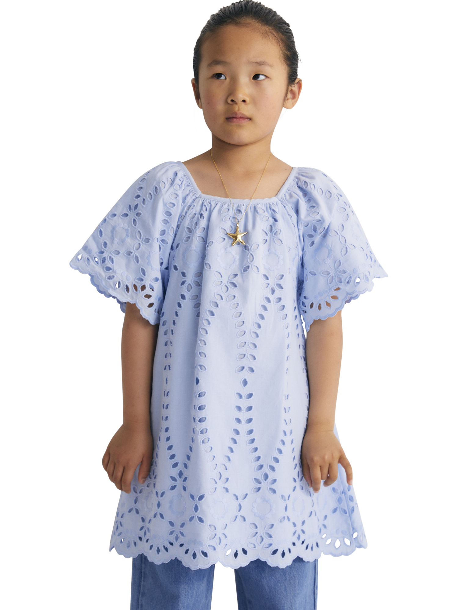 Product image 1 of 6, which shows The New Society Patmos Cotton Wide Sleeve Embroidered Dress, Powder Blue, 4 years