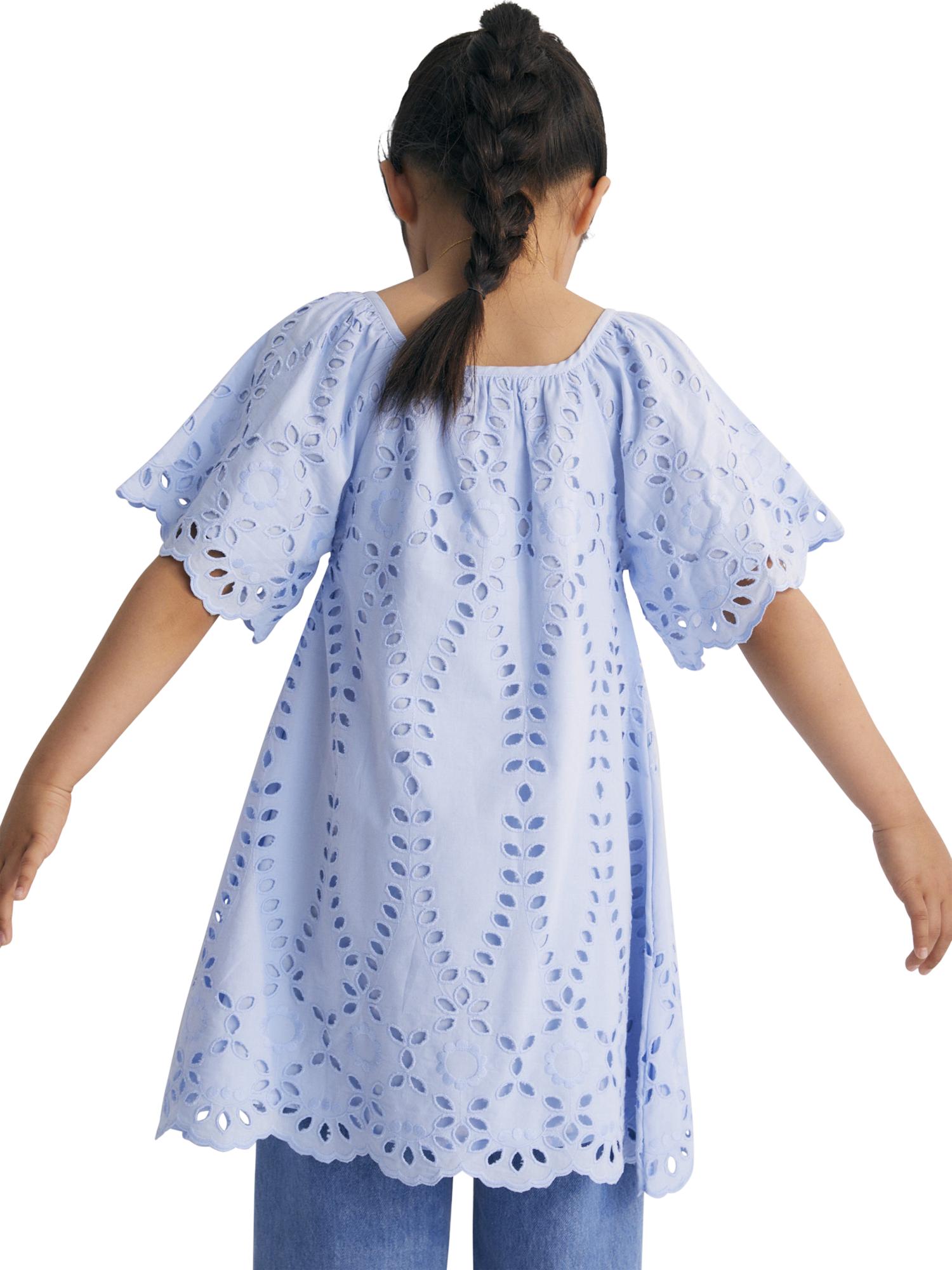 Product image 2 of 6, which shows The New Society Patmos Cotton Wide Sleeve Embroidered Dress, Powder Blue, 4 years