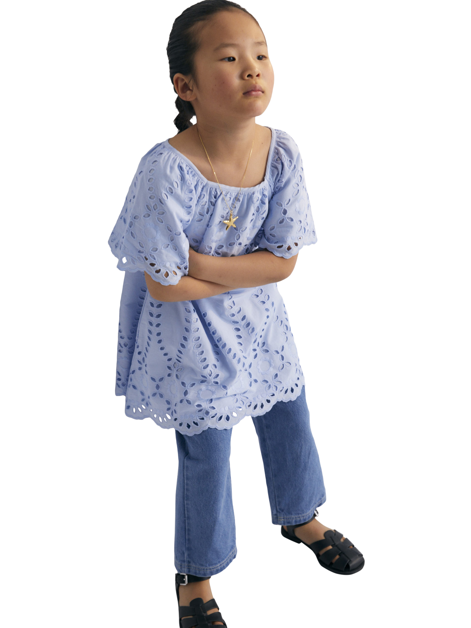 Product image 4 of 6, which shows The New Society Patmos Cotton Wide Sleeve Embroidered Dress, Powder Blue, 4 years