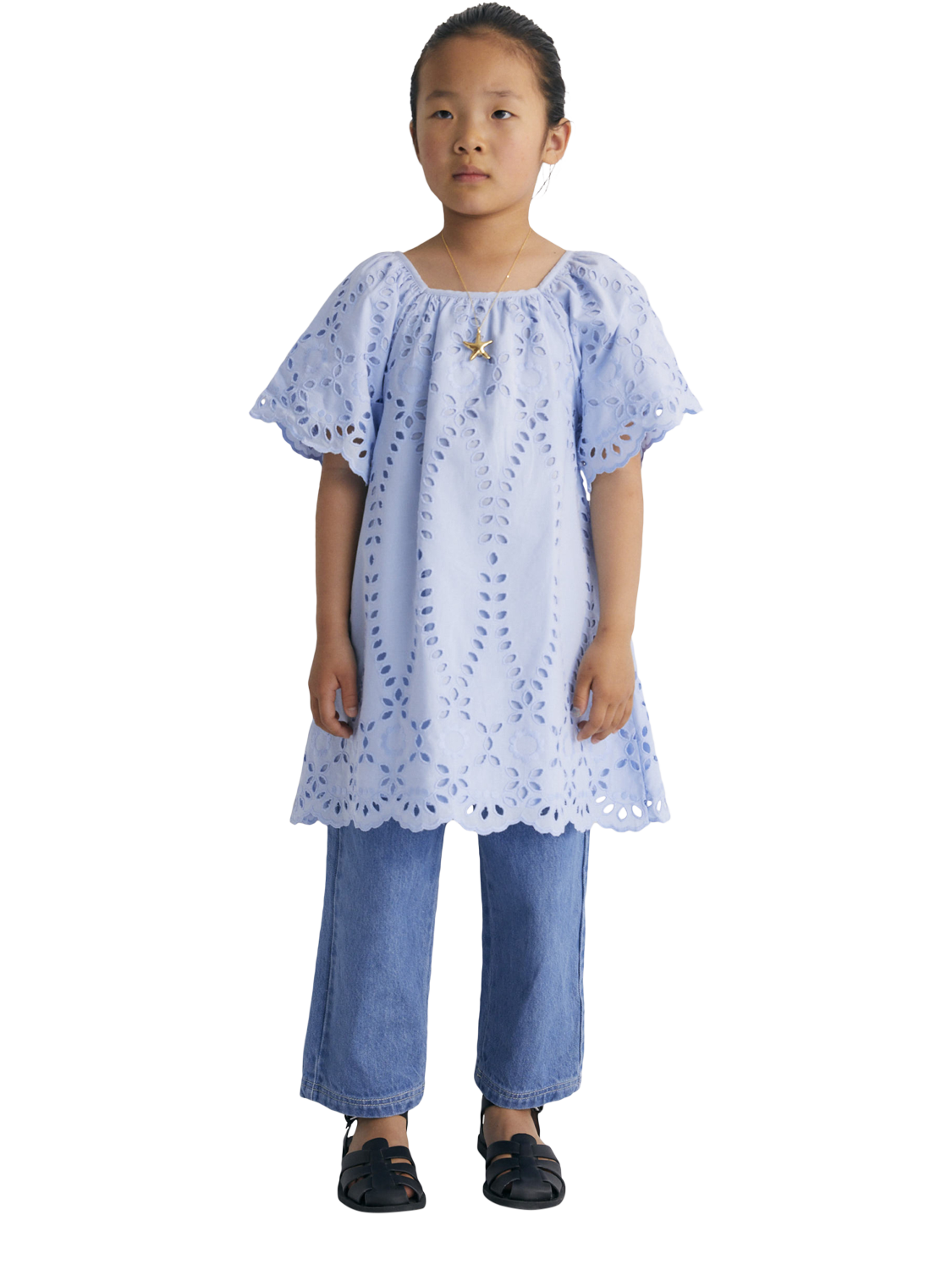 Product image 5 of 6, which shows The New Society Patmos Cotton Wide Sleeve Embroidered Dress, Powder Blue, 4 years