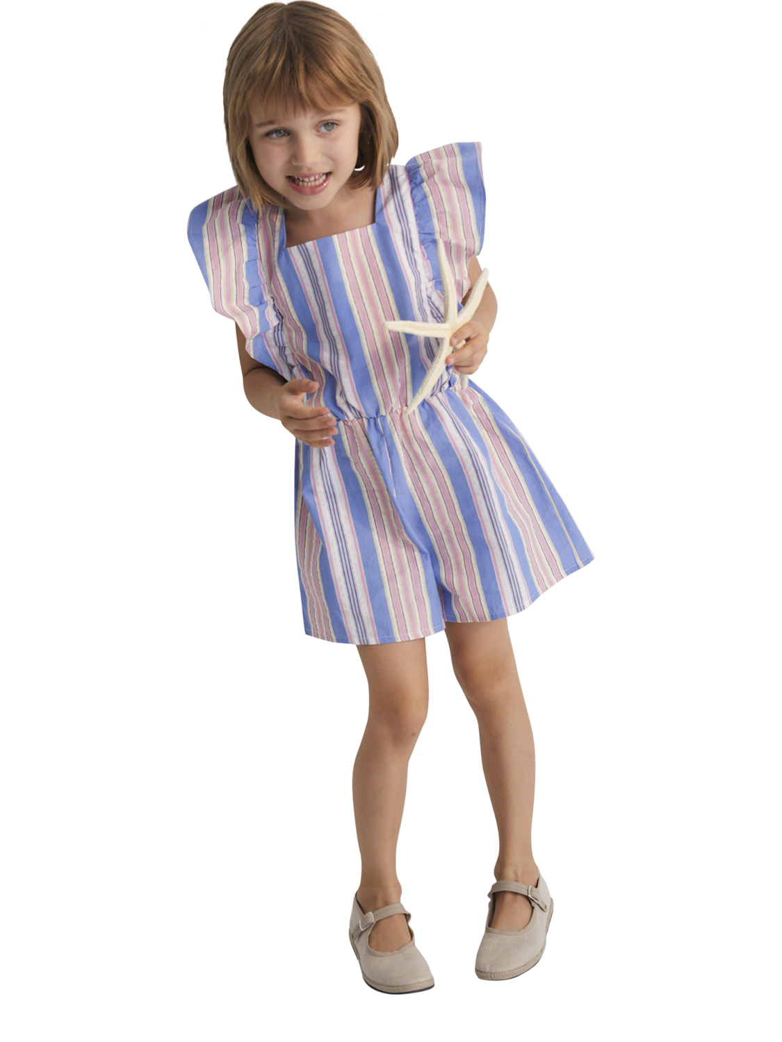Product image 1 of 7, which shows The New Society Kids' Chara Cotton Striped Jumpsuit, Powder Blue, 4 years