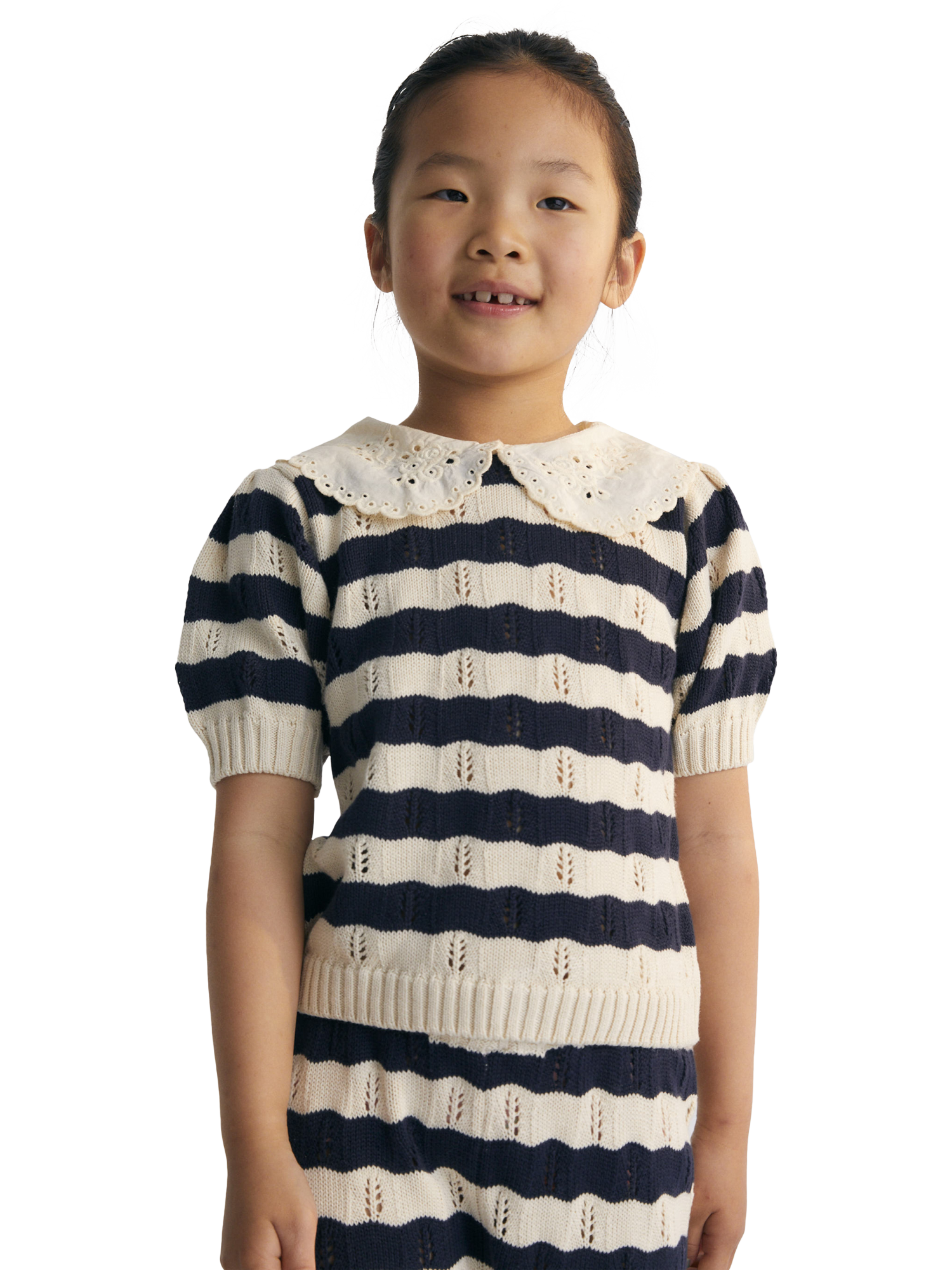 Product image 1 of 5, which shows The New Society Kids' Marina Short Sleeve Knit Jumper, Navy, 4 years