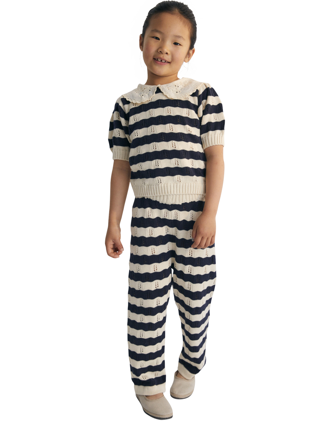 Product image 2 of 5, which shows The New Society Kids' Marina Short Sleeve Knit Jumper, Navy, 4 years