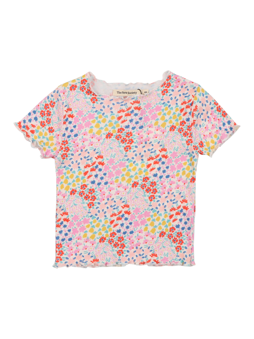 Product image 1 of 4, which shows The New Society Kids' Nicolette Cotton Ribbed Floral Print Short Sleeve T-shirt, Anemone Print, 4 years