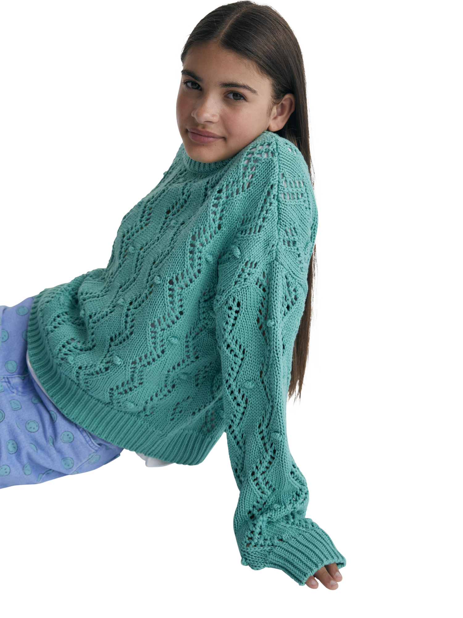 Product image 6 of 6, which shows The New Society Kids' Sifnos Cotton Knitted Ribbed Jumper, Jade, 4 years