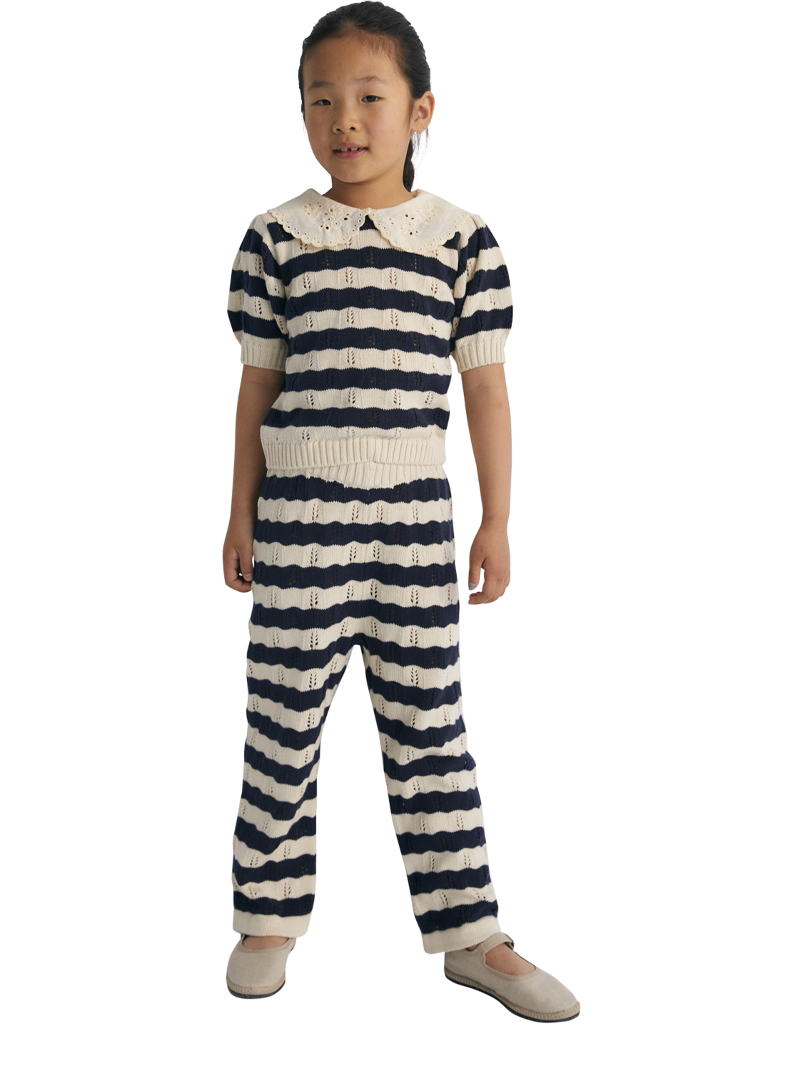 Product image 1 of 4, which shows The New Society Kids' Marina Cotton Bicolour Striped Knit Trousers, Navy, 4 years