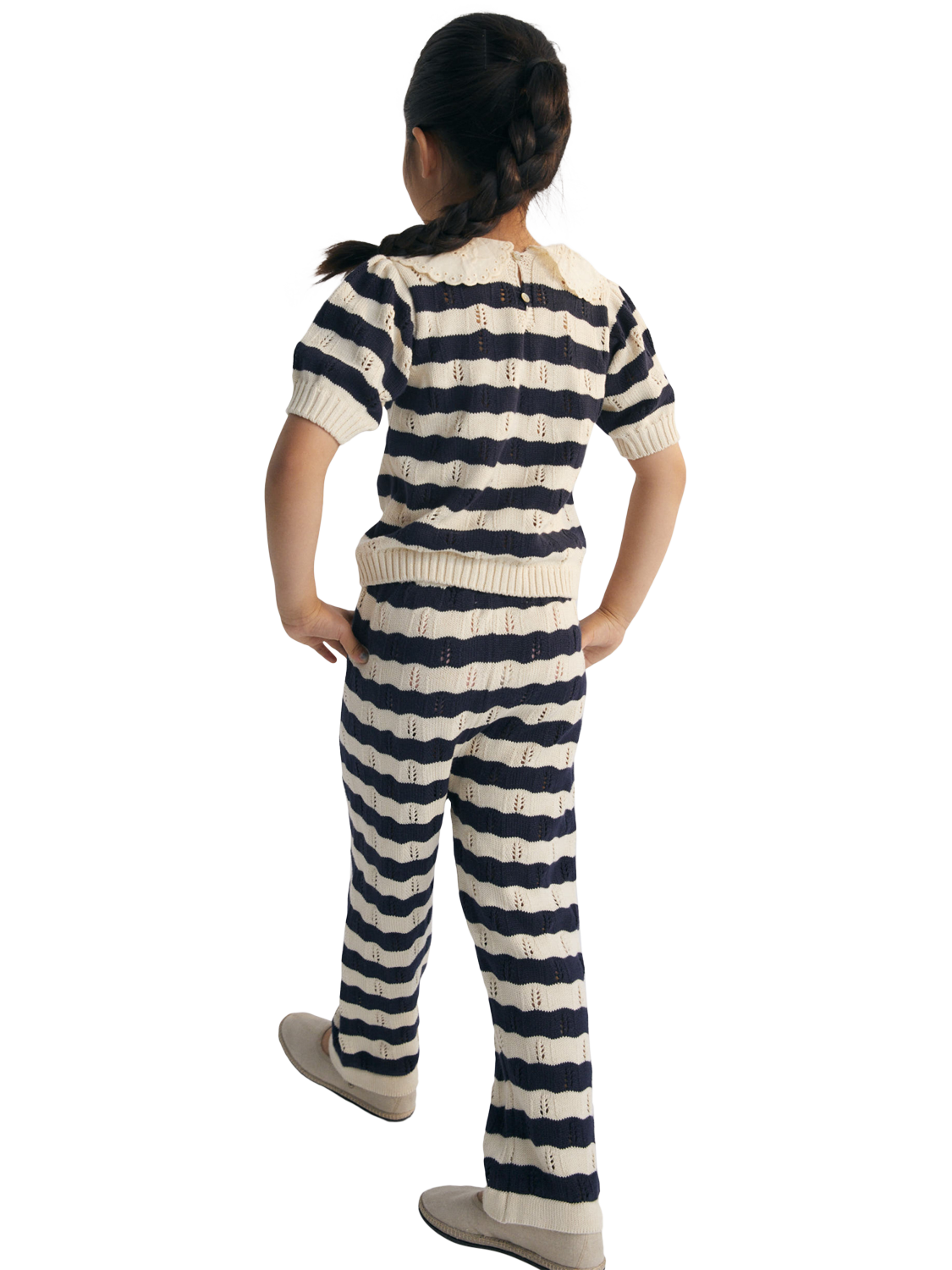 Product image 2 of 4, which shows The New Society Kids' Marina Cotton Bicolour Striped Knit Trousers, Navy, 4 years