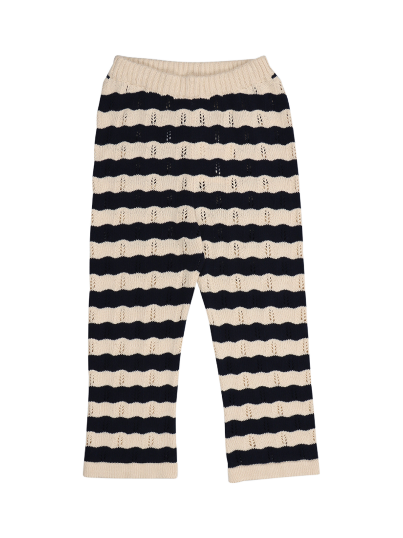 Product image 3 of 4, which shows The New Society Kids' Marina Cotton Bicolour Striped Knit Trousers, Navy, 4 years