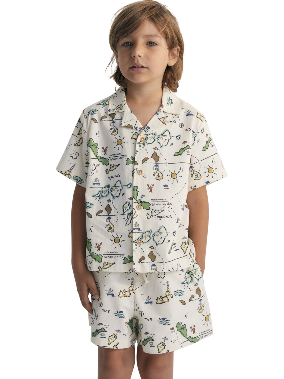 Product image 1 of 5, which shows The New Society Kids' Cotton Arkoi Polo Collar Button Shirt, Map Print, 4 years