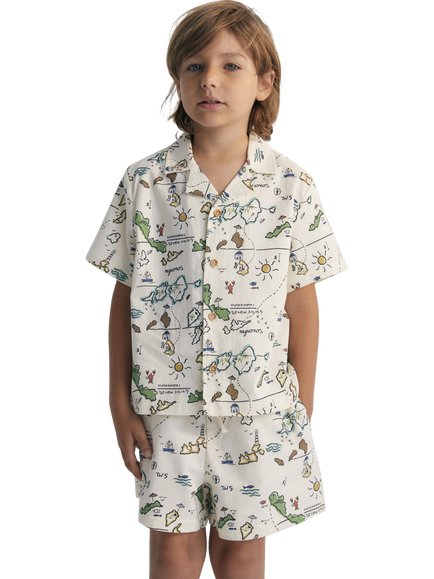 The New Society Kids' Cotton Arkoi Polo Collar Button Shirt, Map Print, Map Print