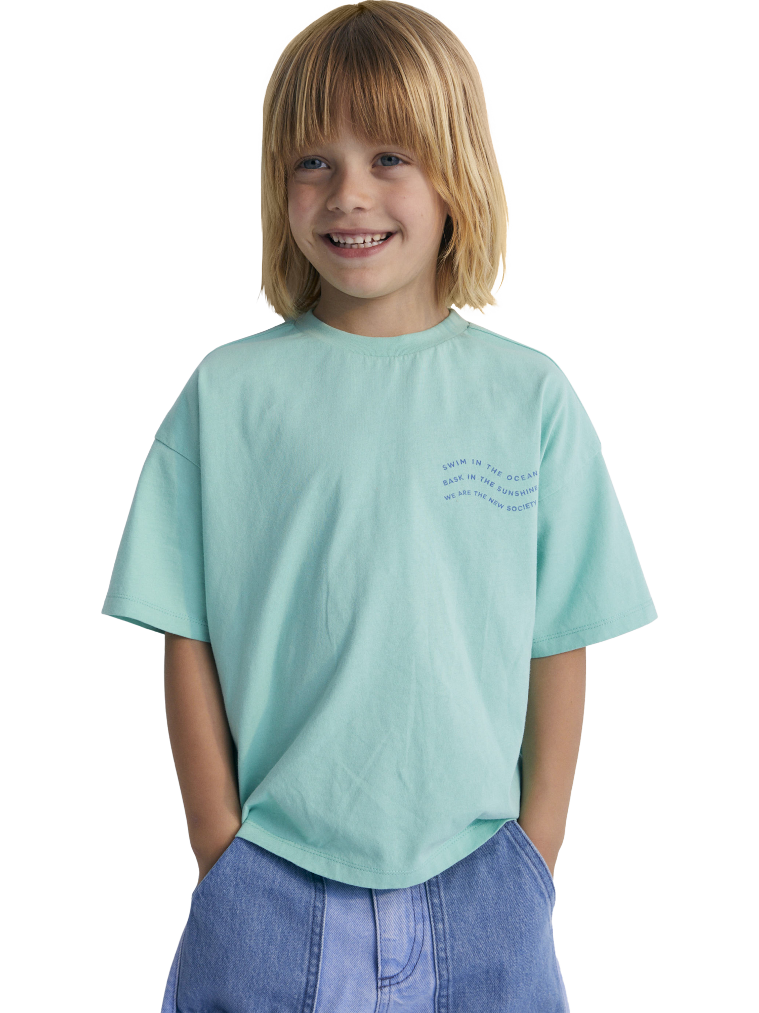 Product image 1 of 4, which shows The New Society Kids' Kymi  Cotton Short Sleeve Ribbed T-Shirt, Jade, 4 years