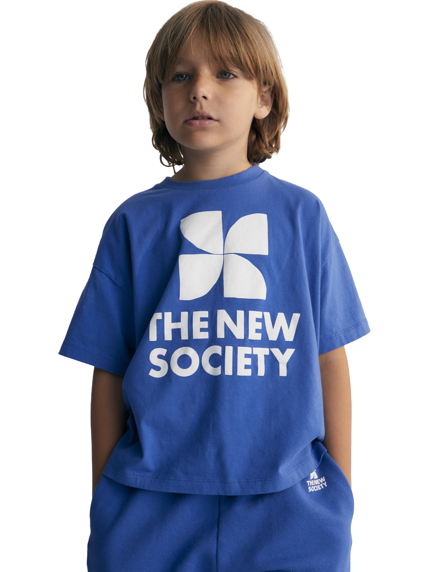 Product image 1 of 3, which shows The New Society Kids' Mykonos Cotton Short Sleeve Logo T-Shirt, Cobalto, 4 years