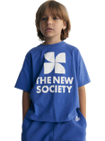 The New Society Kids' Mykonos Cotton Short Sleeve Logo T-Shirt, Cobalto