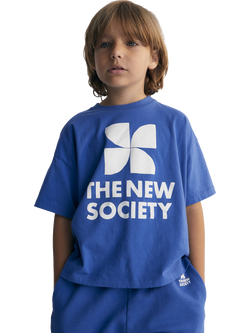 The New Society Kids' Mykonos Cotton Short Sleeve Logo T-Shirt, Cobalto, Cobalto