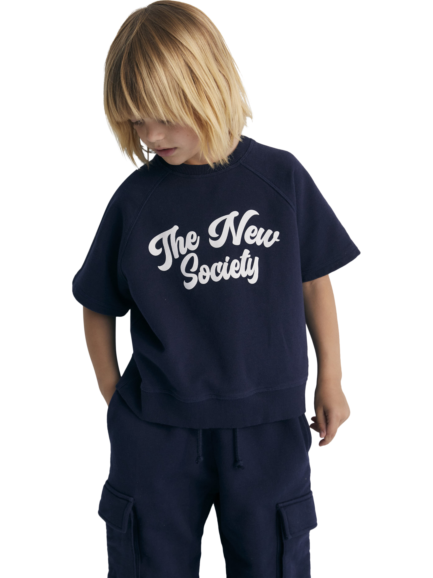 Product image 1 of 7, which shows The New Society Kids' Pylos Cotton Raw Edge Short Sleeve Sweatshirt, Navy, 4 years