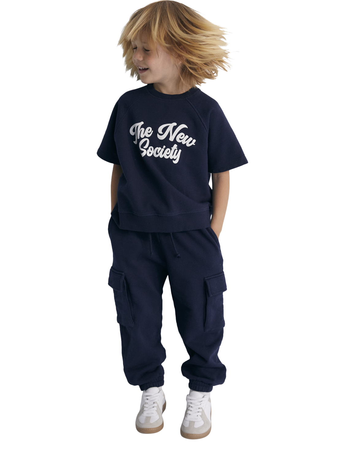 Product image 3 of 7, which shows The New Society Kids' Pylos Cotton Raw Edge Short Sleeve Sweatshirt, Navy, 4 years
