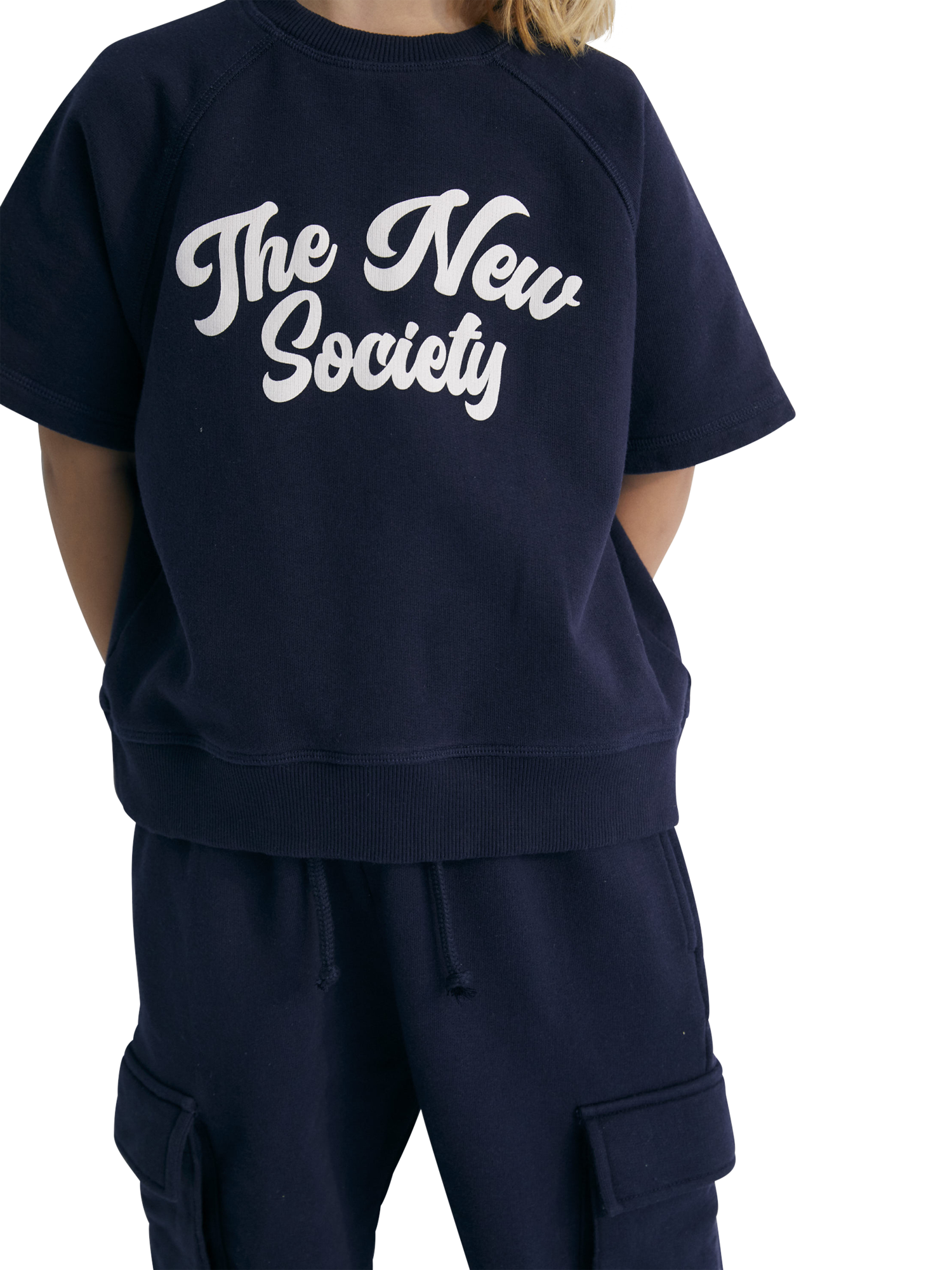 Product image 4 of 7, which shows The New Society Kids' Pylos Cotton Raw Edge Short Sleeve Sweatshirt, Navy, 4 years