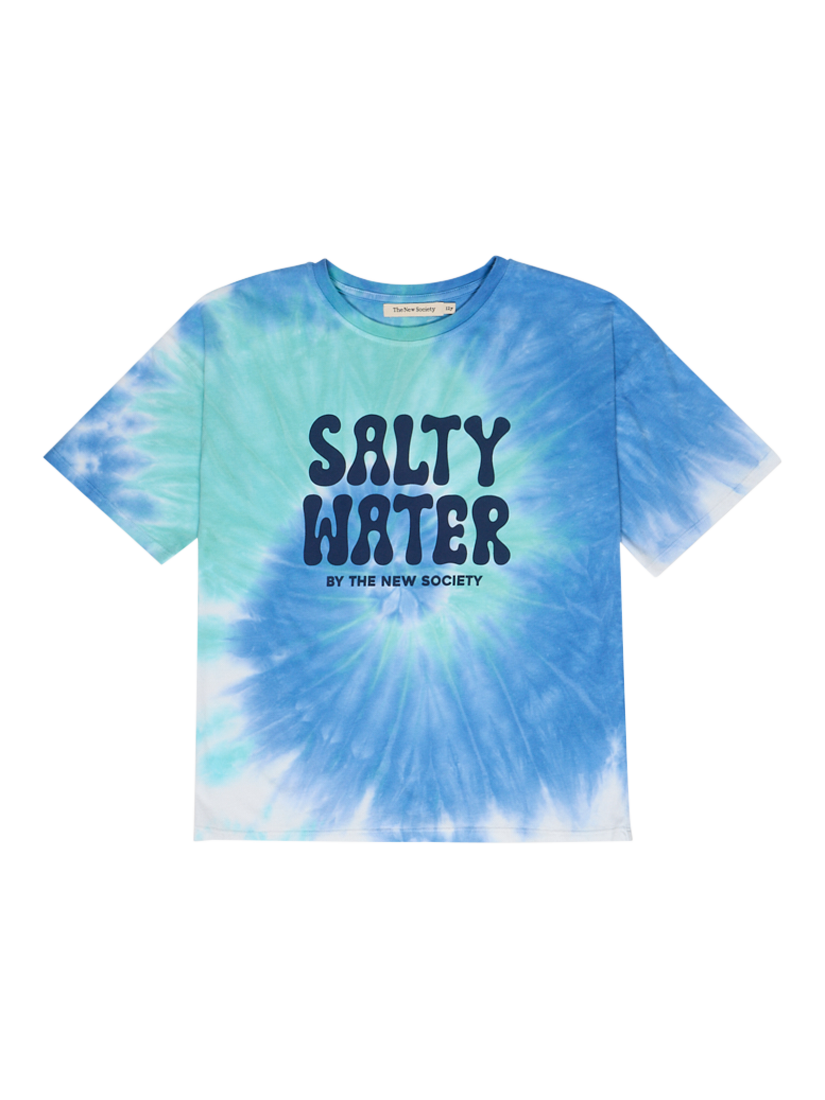 Product image 1 of 5, which shows The New Society Kids' Rhea Cotton Tie-Dye Short Sleeve Logo T-Shirt, Cobalto, 4 years