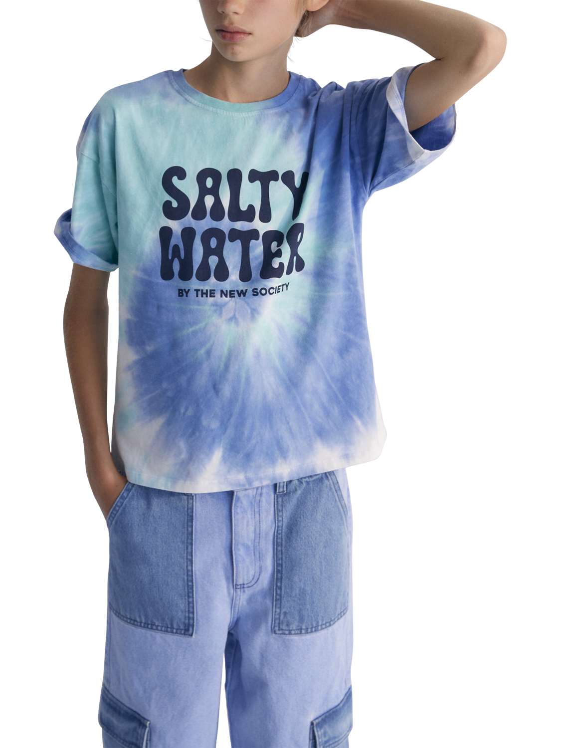 Product image 4 of 5, which shows The New Society Kids' Rhea Cotton Tie-Dye Short Sleeve Logo T-Shirt, Cobalto, 4 years